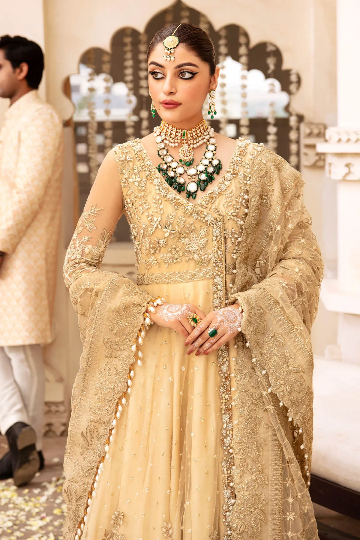Pakistani Party Dress Heavily Embellished Golden Angrakha Pishwas
