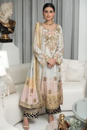 Pakistani Party Frock with Embroidery in White Color #Y2024