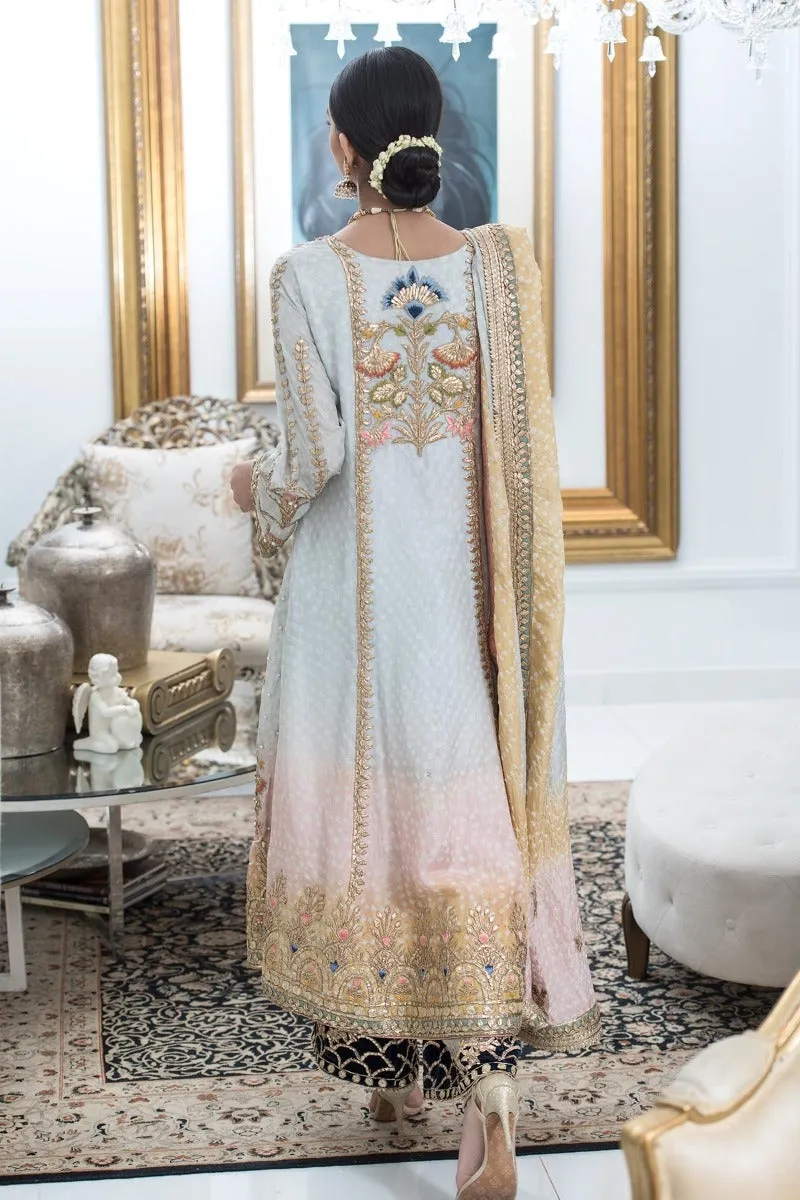 Pakistani Party Frock with Embroidery in White Color #Y2024