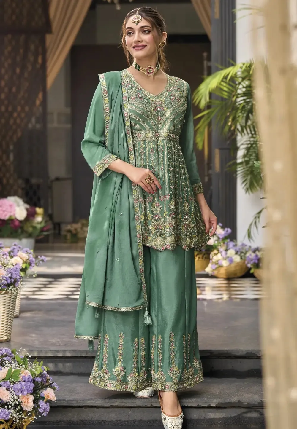Party-Perfect Embroidered Green Palazzo Suit