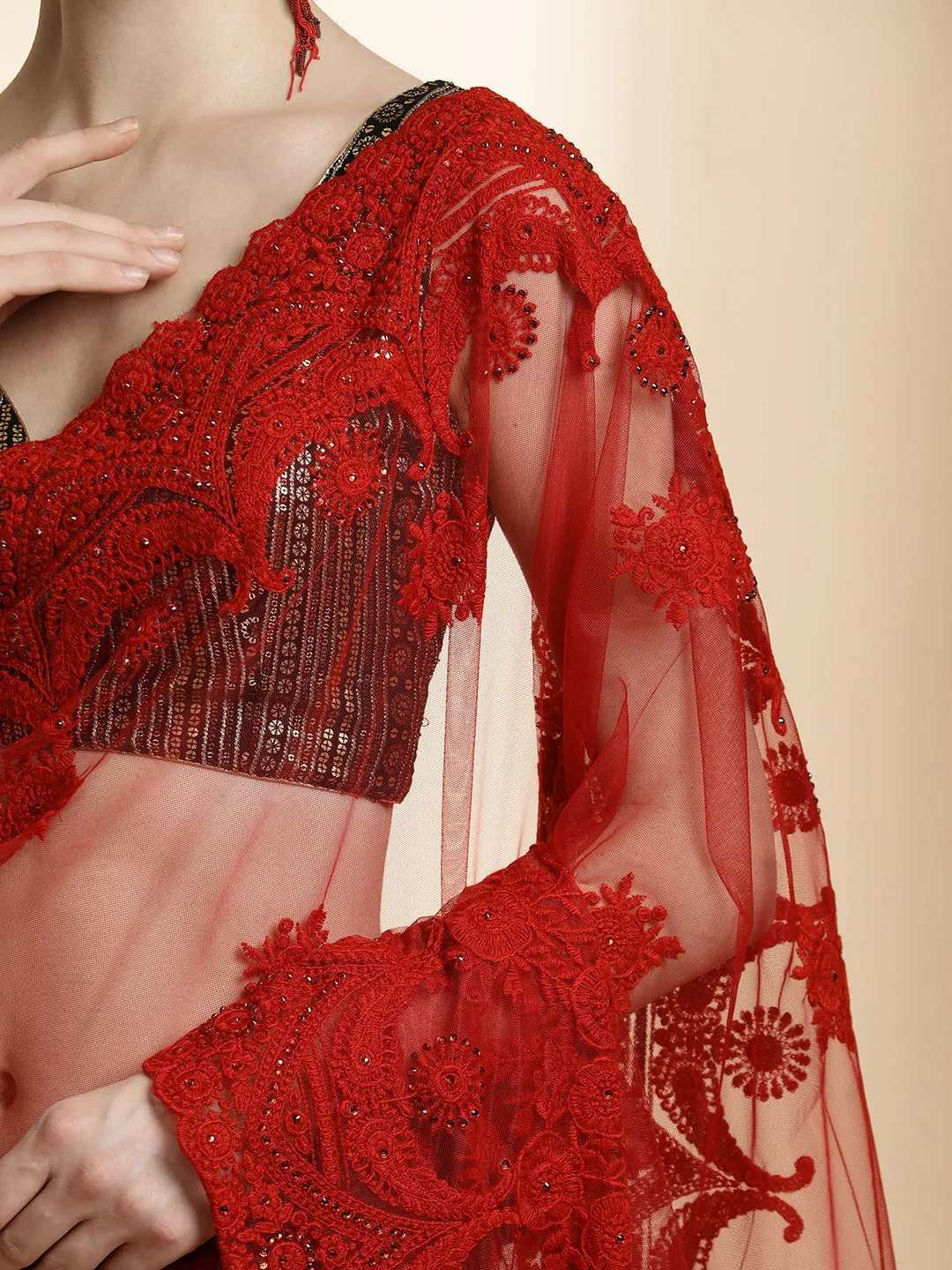 Party Wear Embroidered Net Red Saree