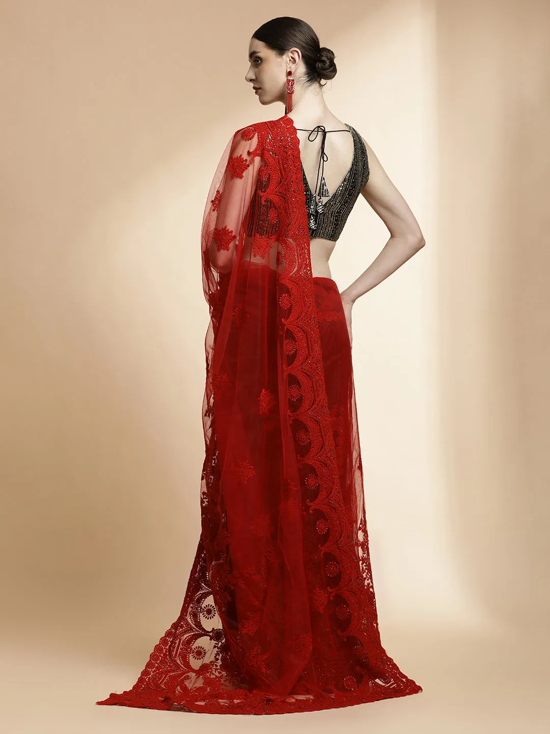 Party Wear Embroidered Net Red Saree