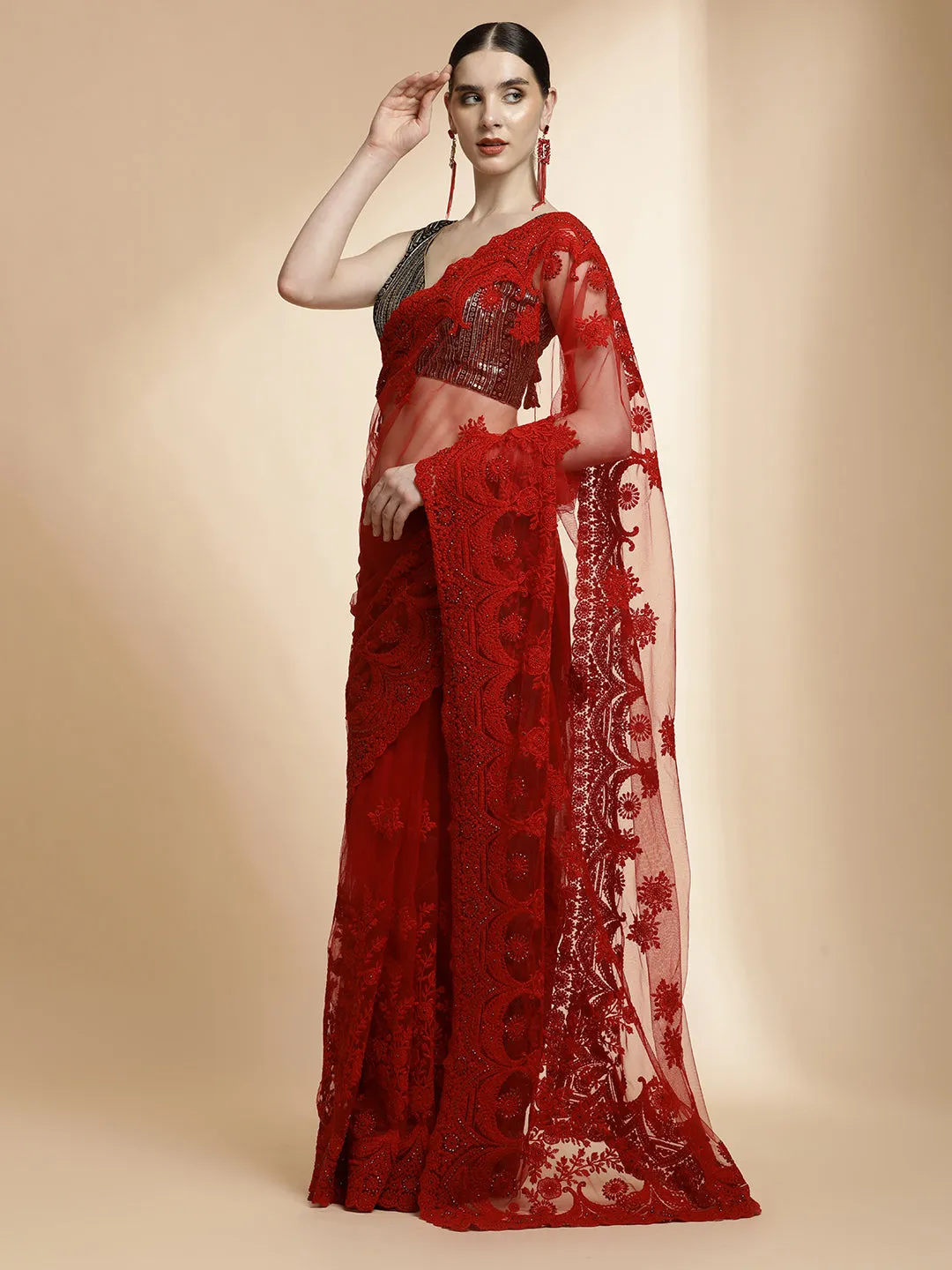 Party Wear Embroidered Net Red Saree