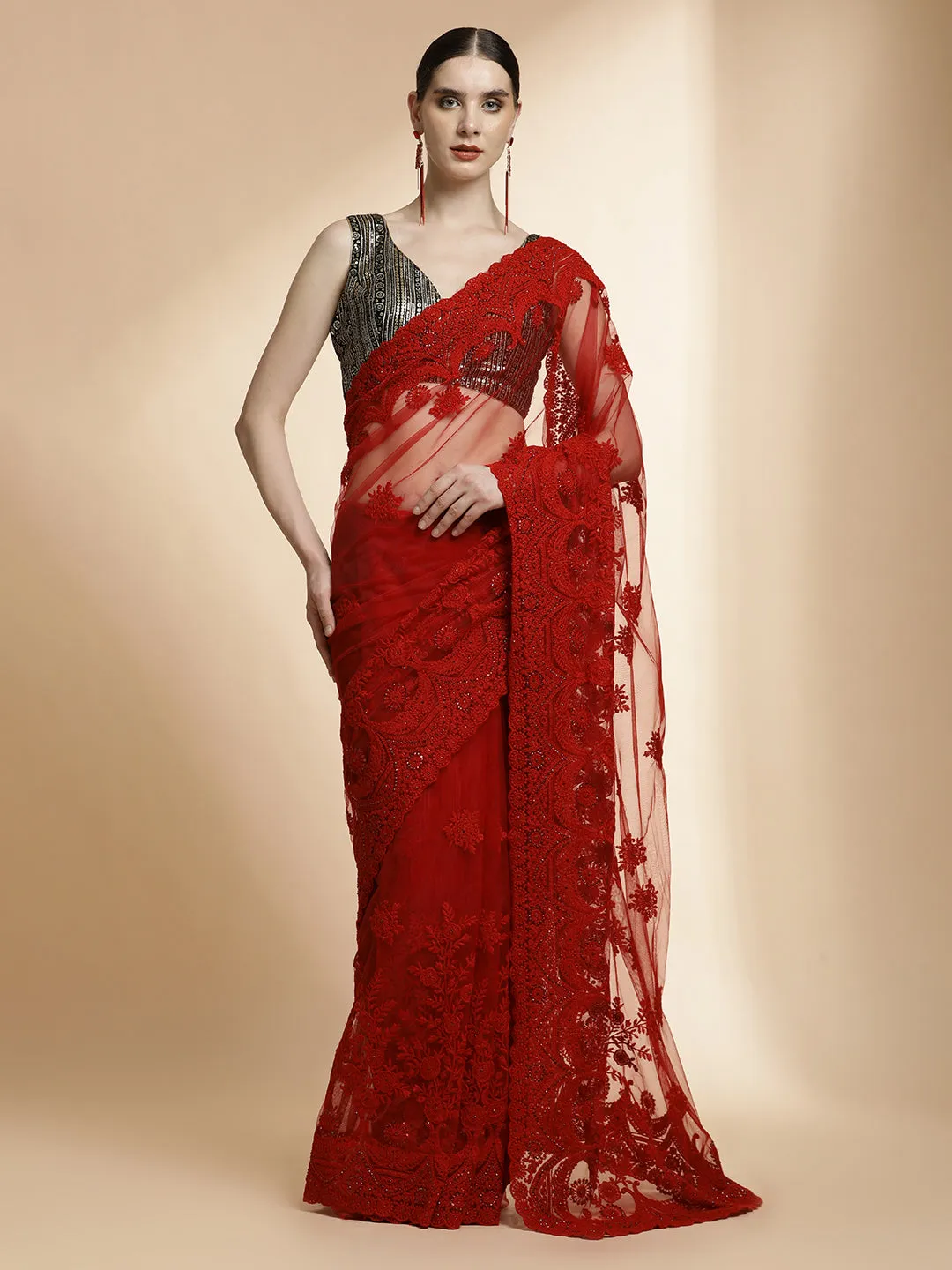 Party Wear Embroidered Net Red Saree