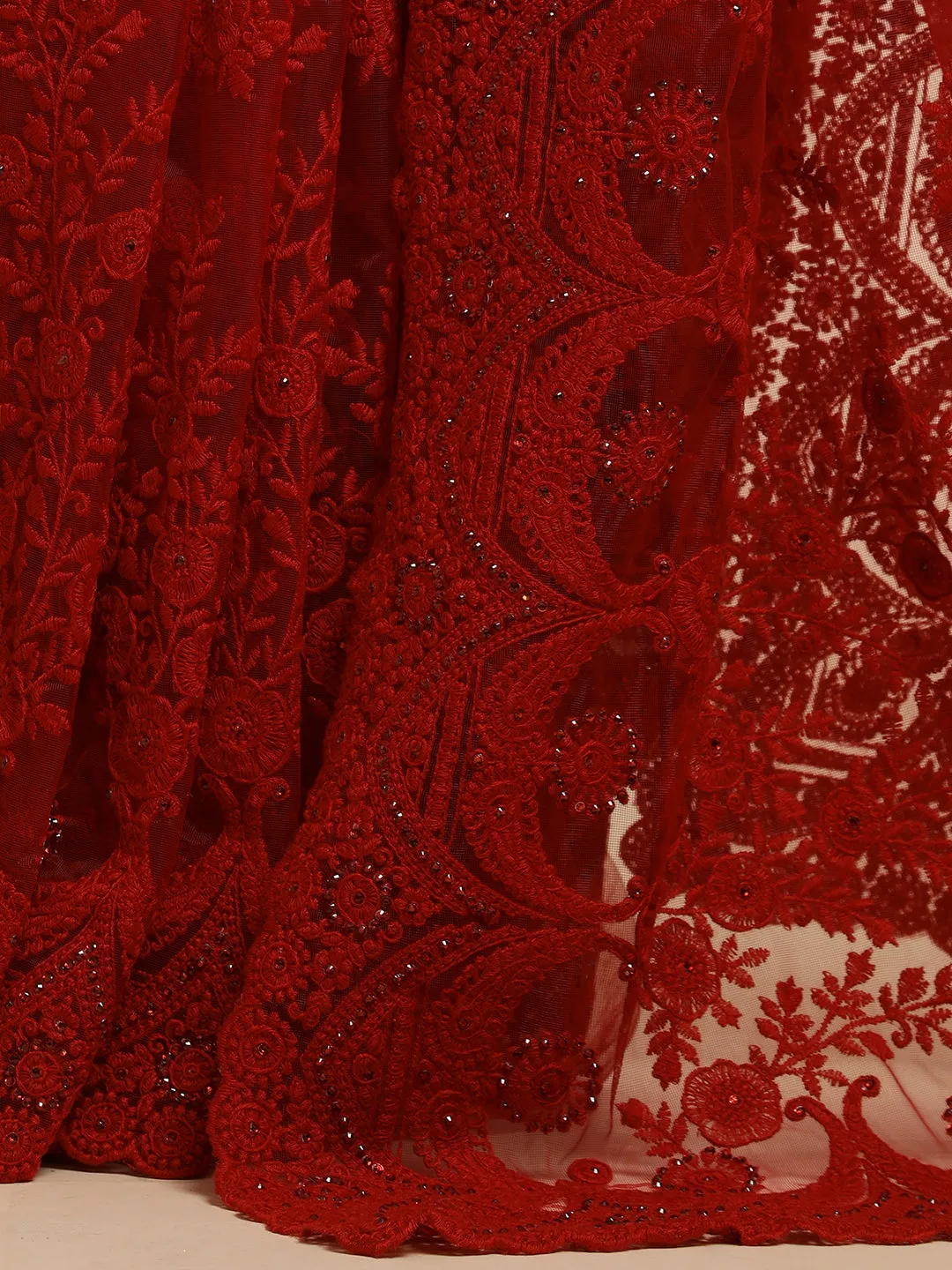 Party Wear Embroidered Net Red Saree