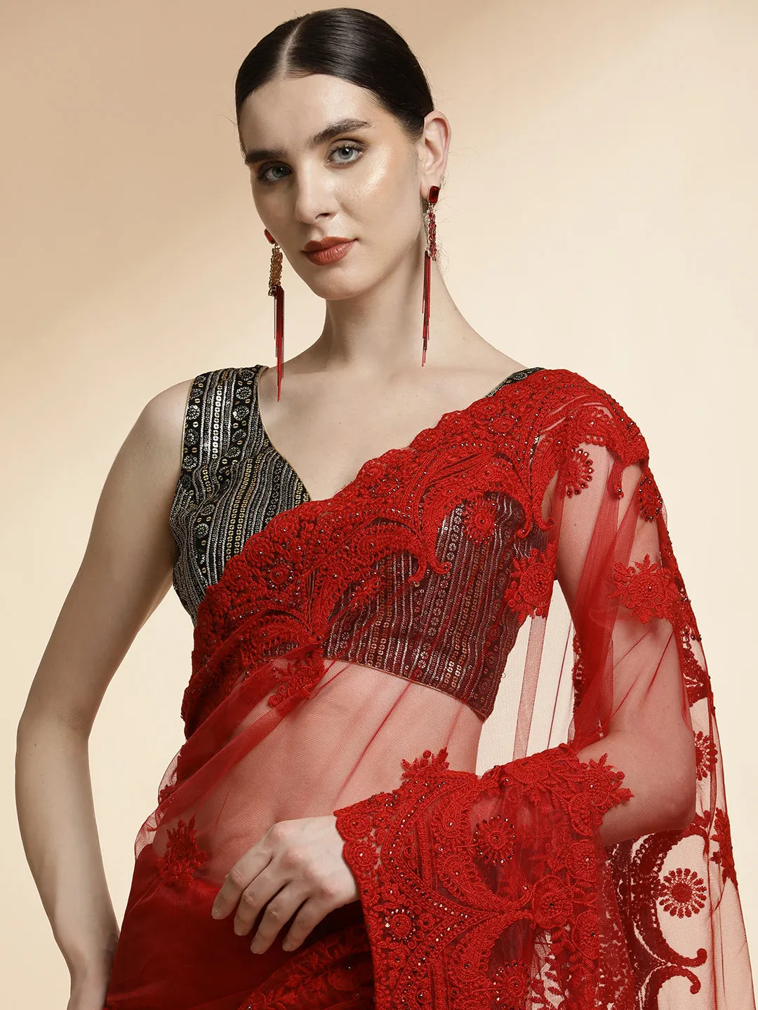 Party Wear Embroidered Net Red Saree