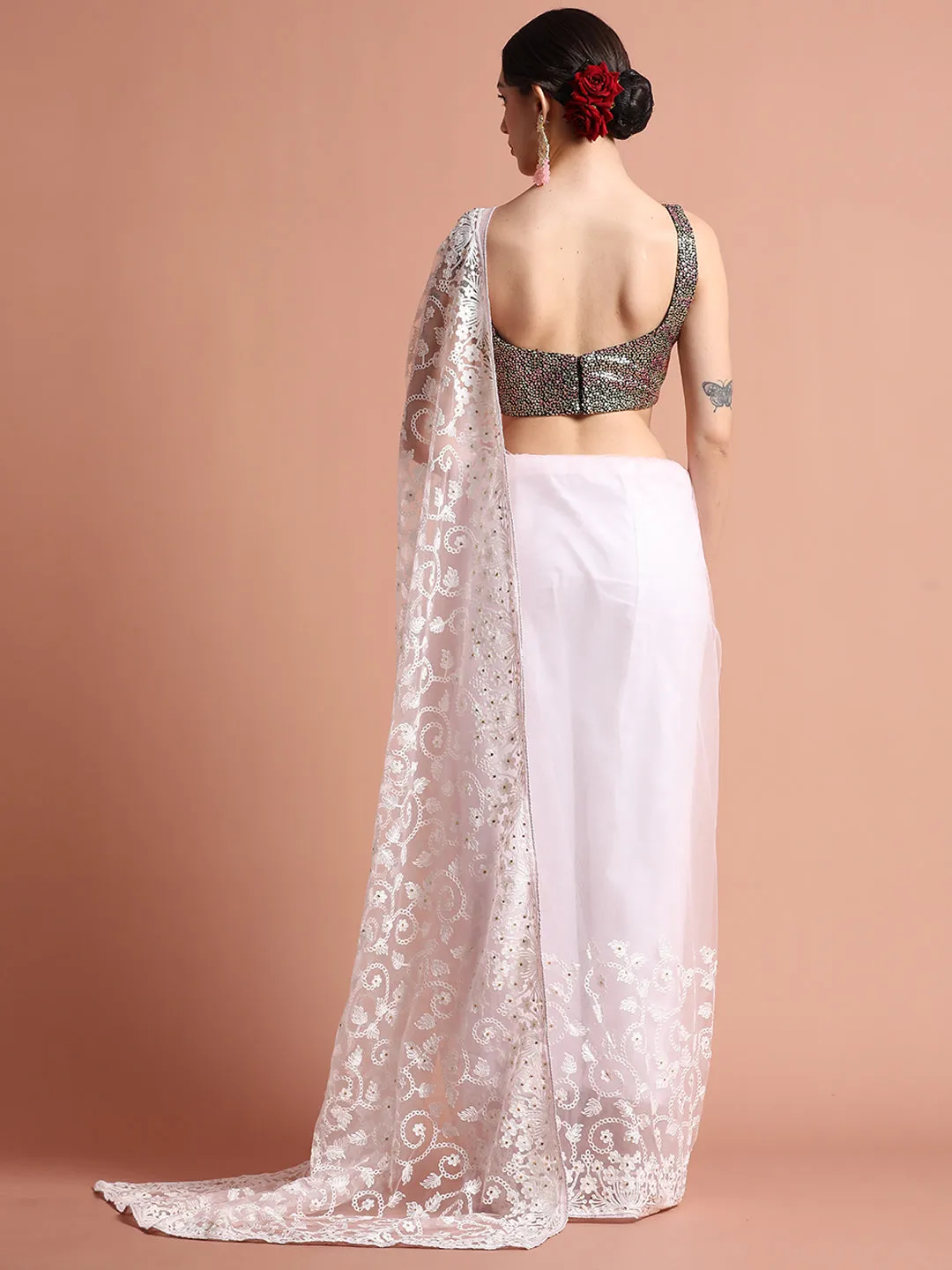 Party Wear Floral Baby Pink Embroidered Net Saree