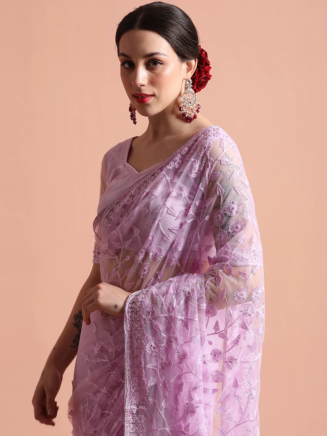 Party Wear Floral Lavender Embroidered Net Saree