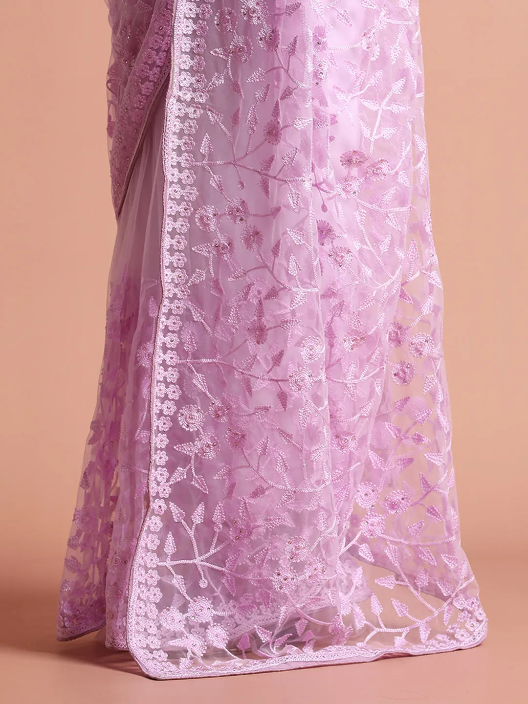 Party Wear Floral Lavender Embroidered Net Saree