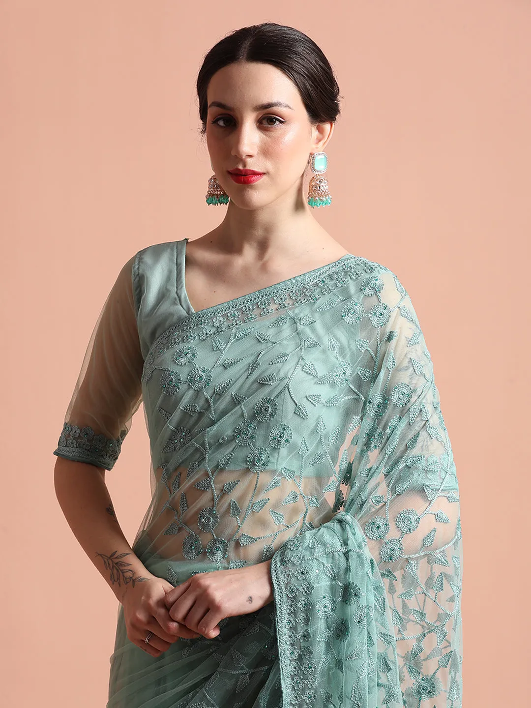 Party Wear Teal Floral Embroidered Net Saree