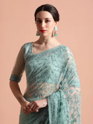 Party Wear Teal Floral Embroidered Net Saree