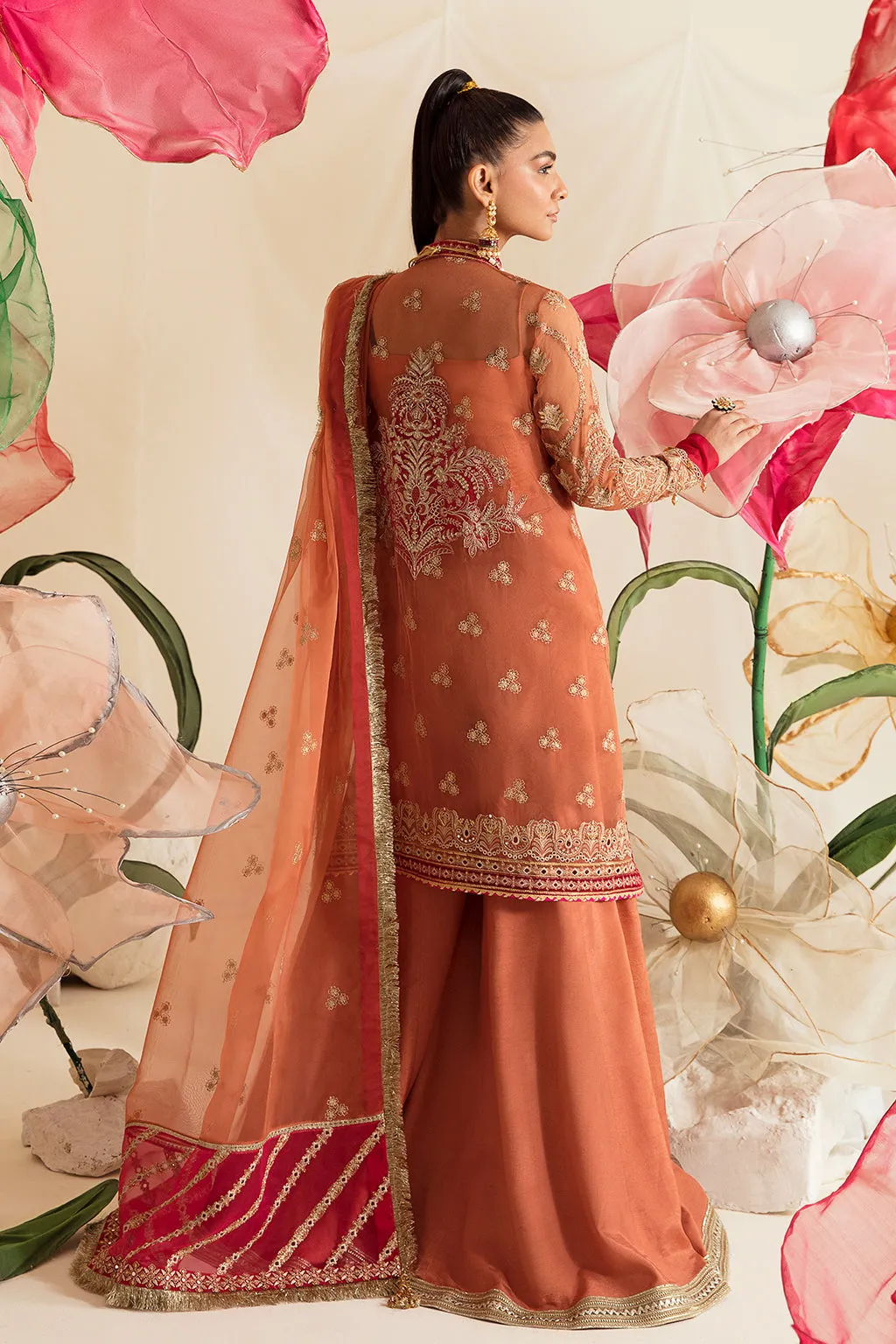 Peach Pink Embellished Pakistani Wedding Dress Kameez Sharara