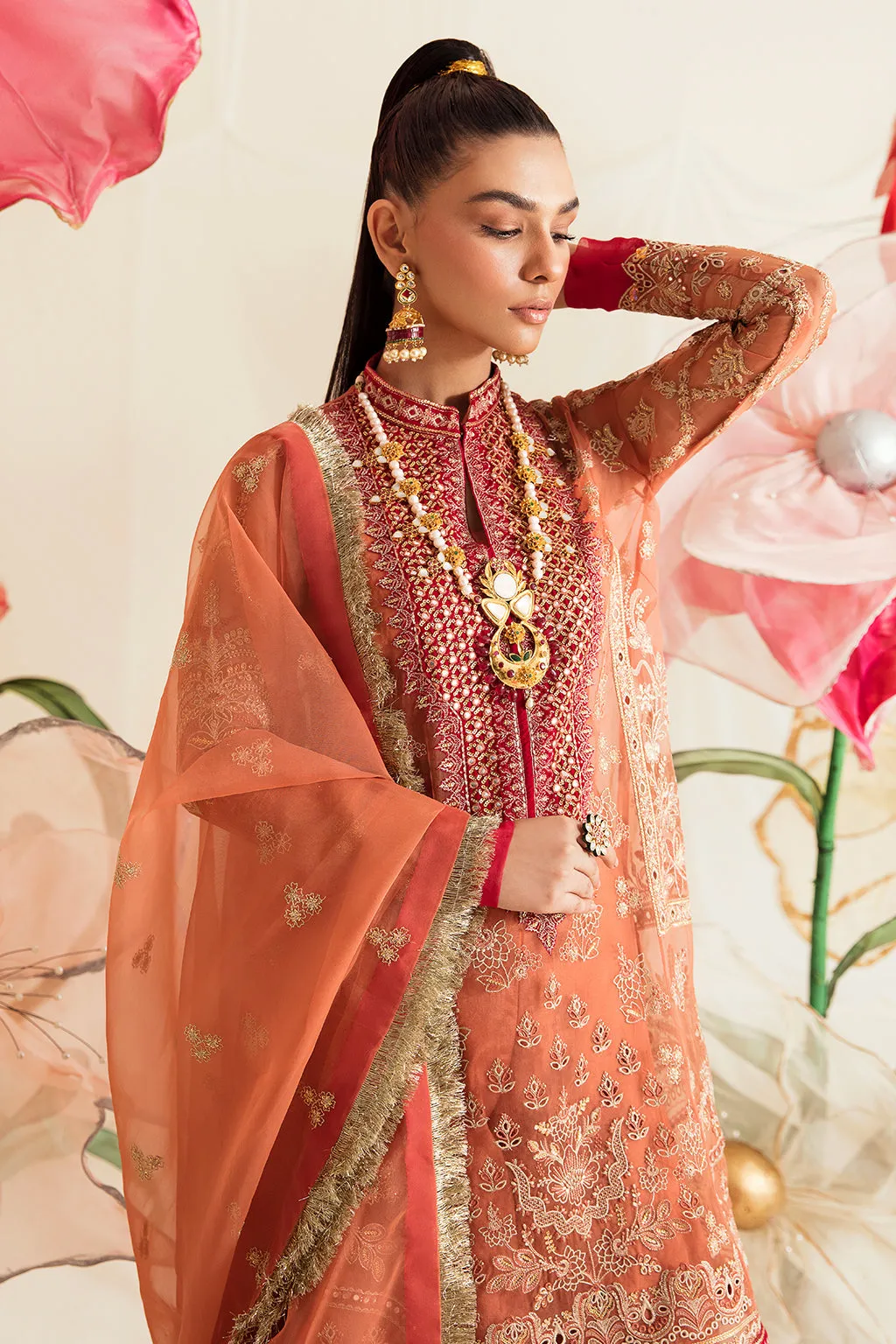 Peach Pink Embellished Pakistani Wedding Dress Kameez Sharara