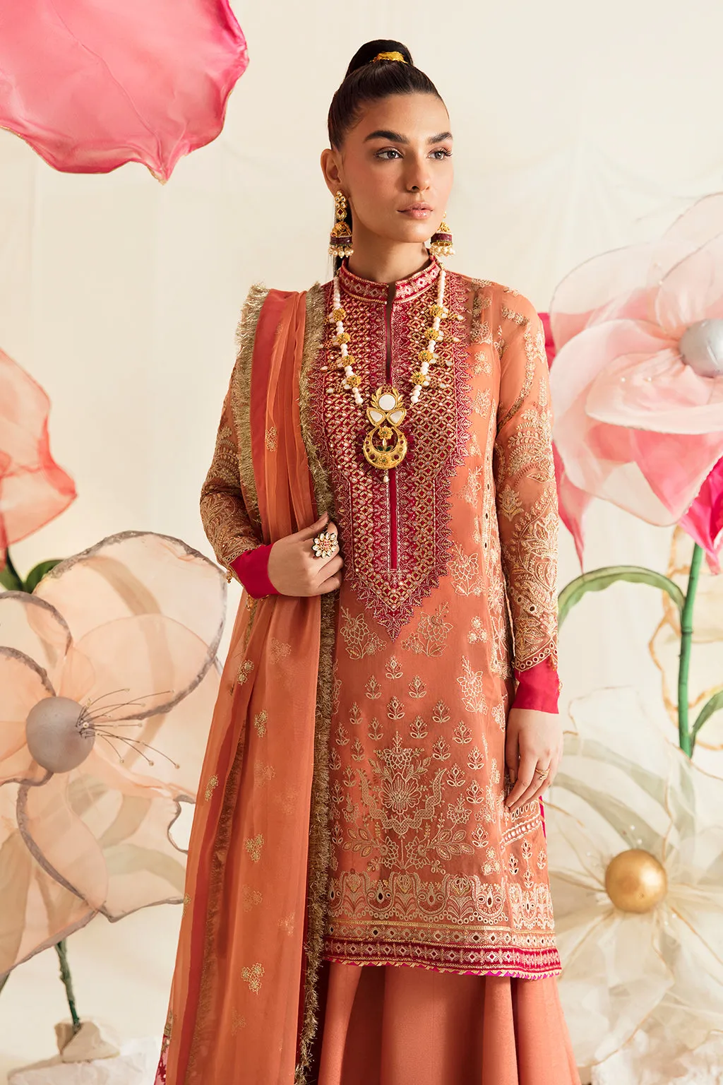 Peach Pink Embellished Pakistani Wedding Dress Kameez Sharara