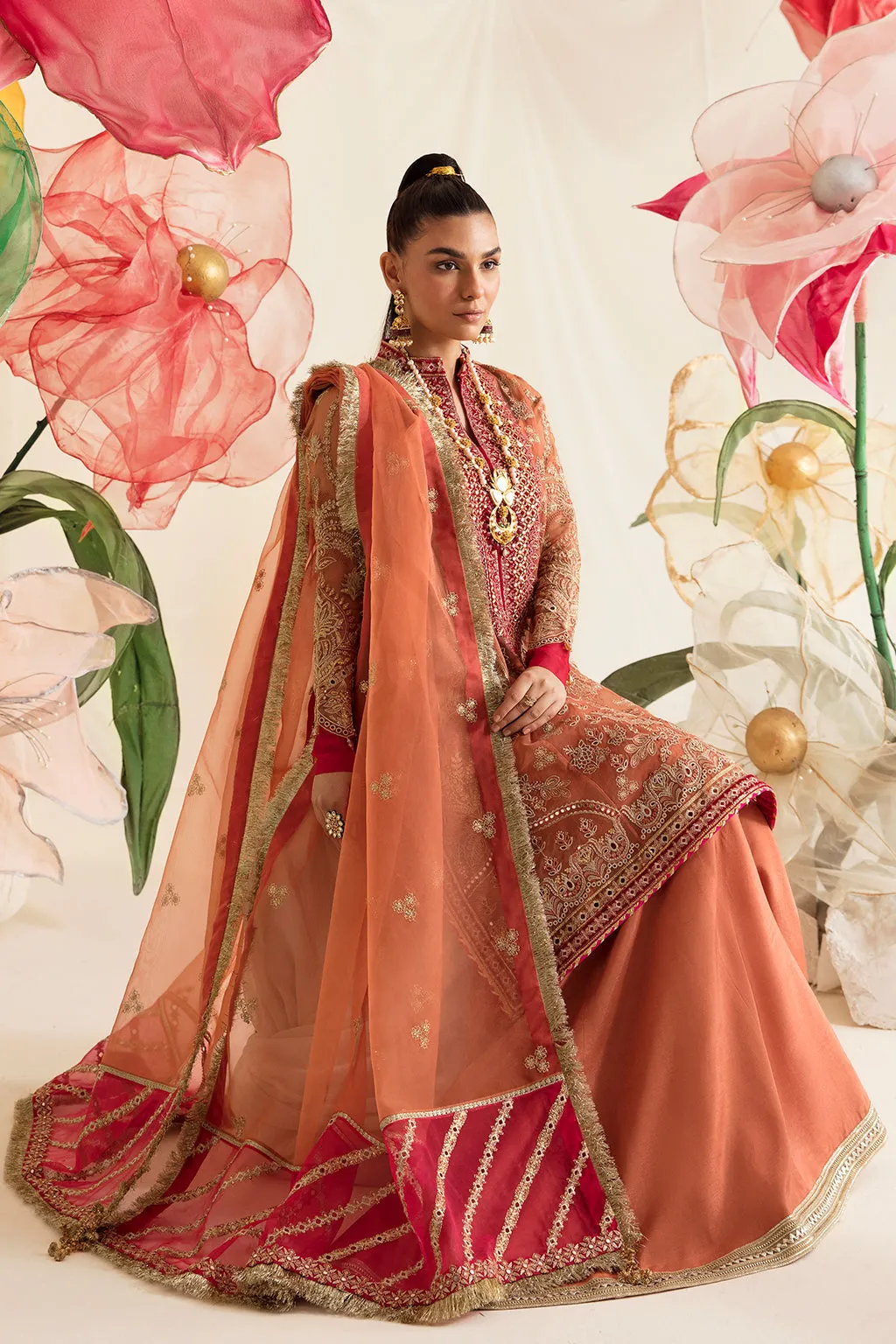 Peach Pink Embellished Pakistani Wedding Dress Kameez Sharara