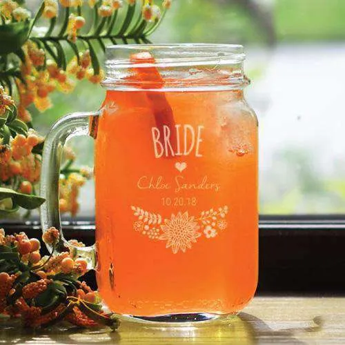 Personalized Boho Bridal Party Mason Jar Glass