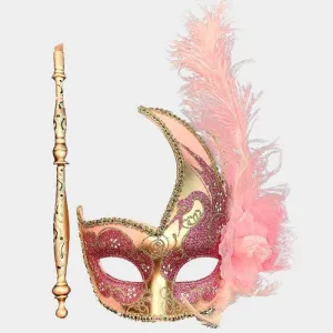 Pink Feather Flower Masquerade Mask & Handheld Wand