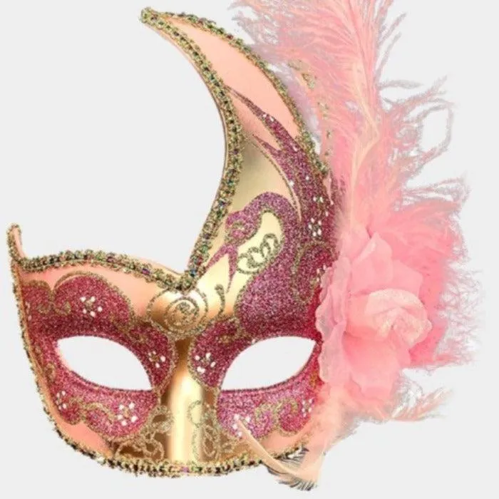 Pink Feather Flower Masquerade Mask & Handheld Wand