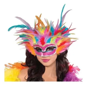 Pink Masquerade Eye Mask With Rainbow Feathers