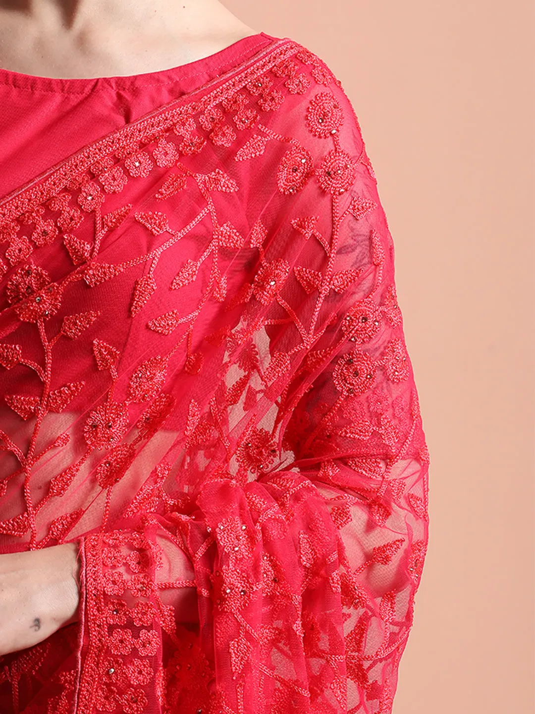Pink Party Wear Floral Embroidered Net Saree