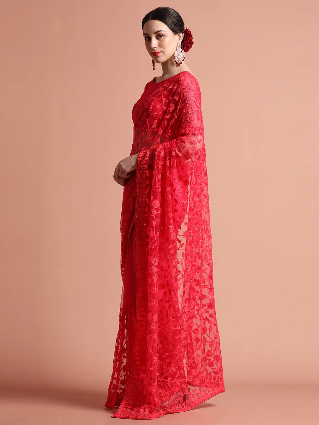 Pink Party Wear Floral Embroidered Net Saree