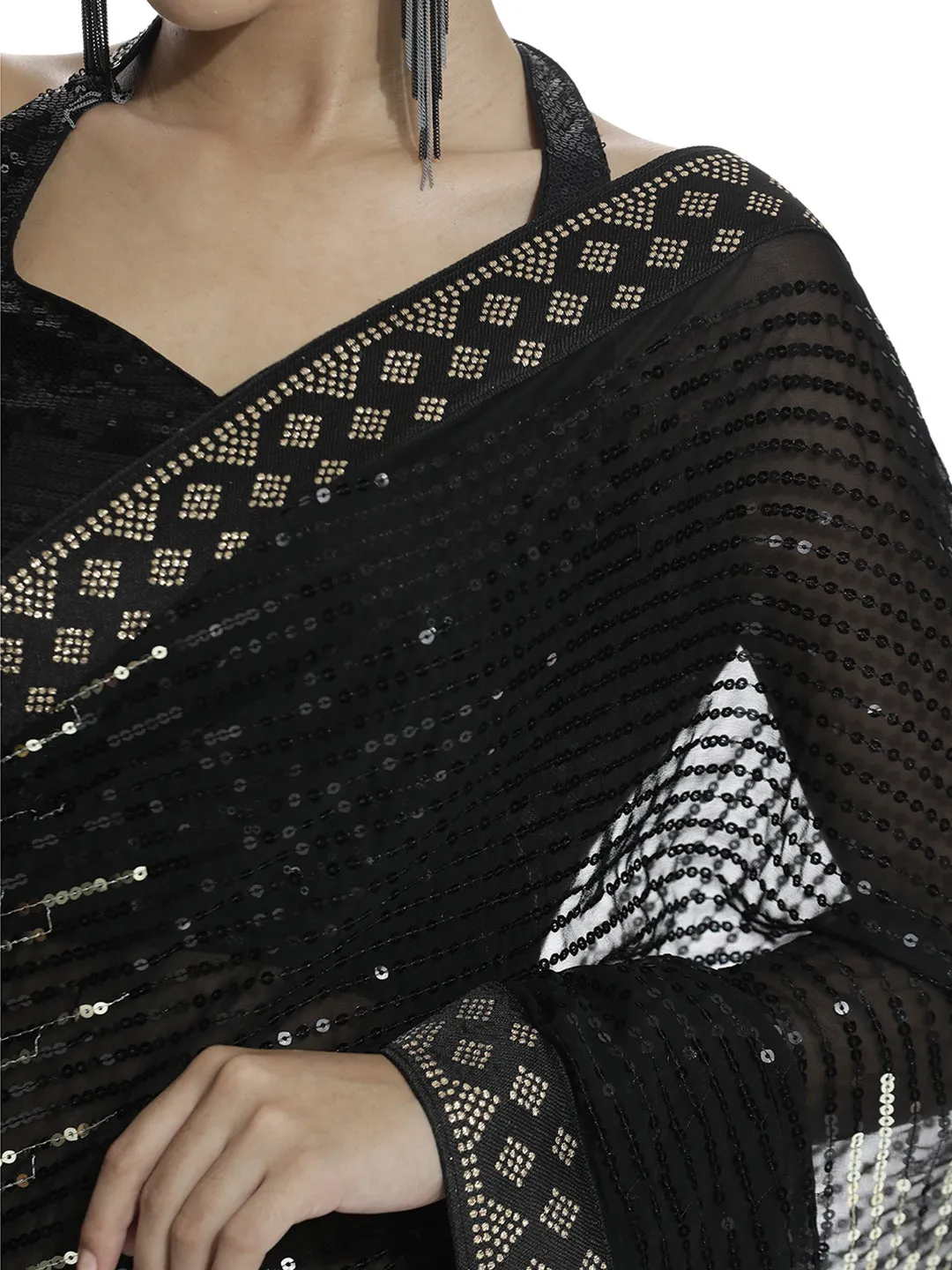 Pure Georgette Golden Sequin Party Wear Saree
