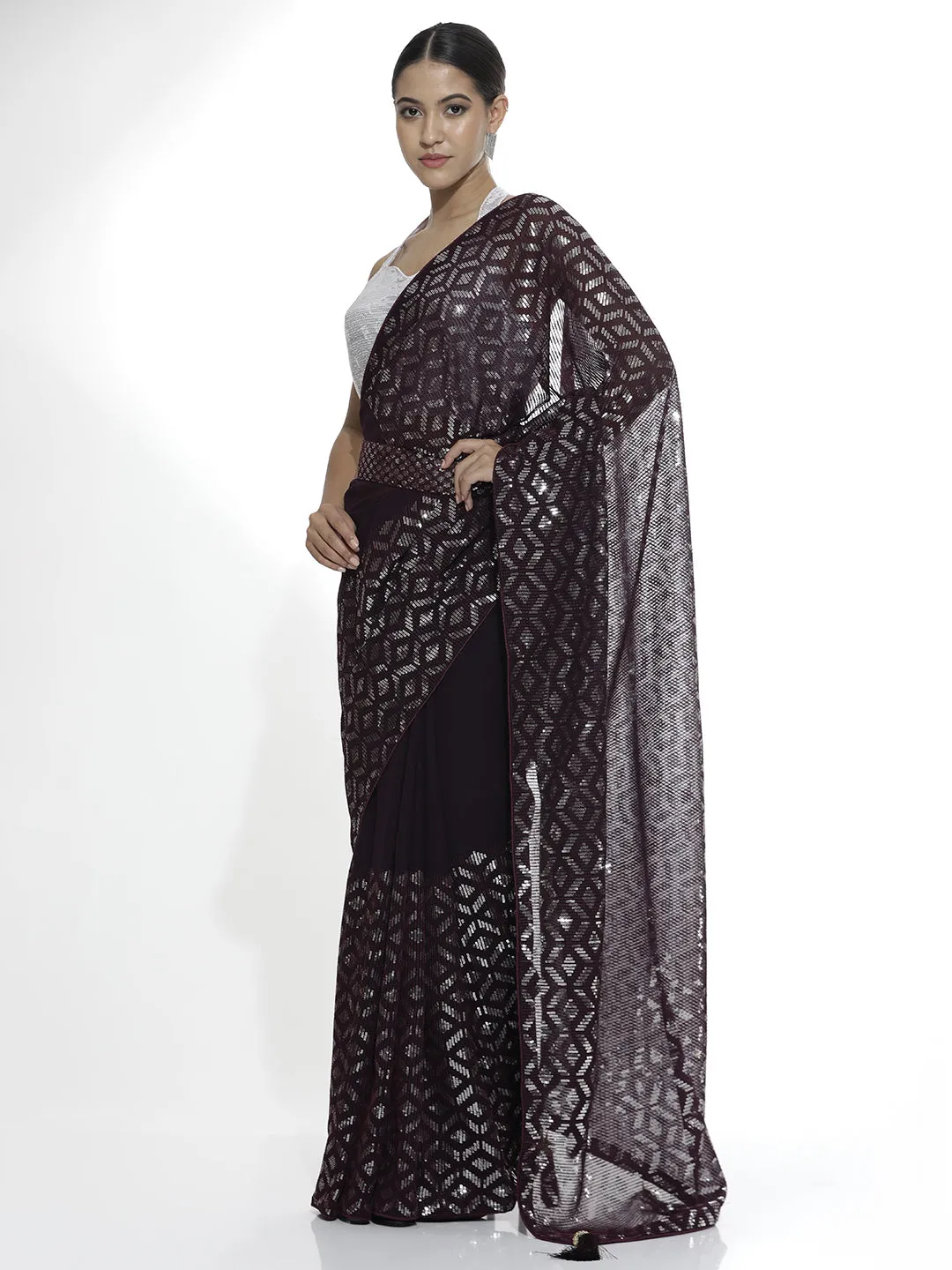 Pure Georgette Sequin Party Wear Saree With Belt