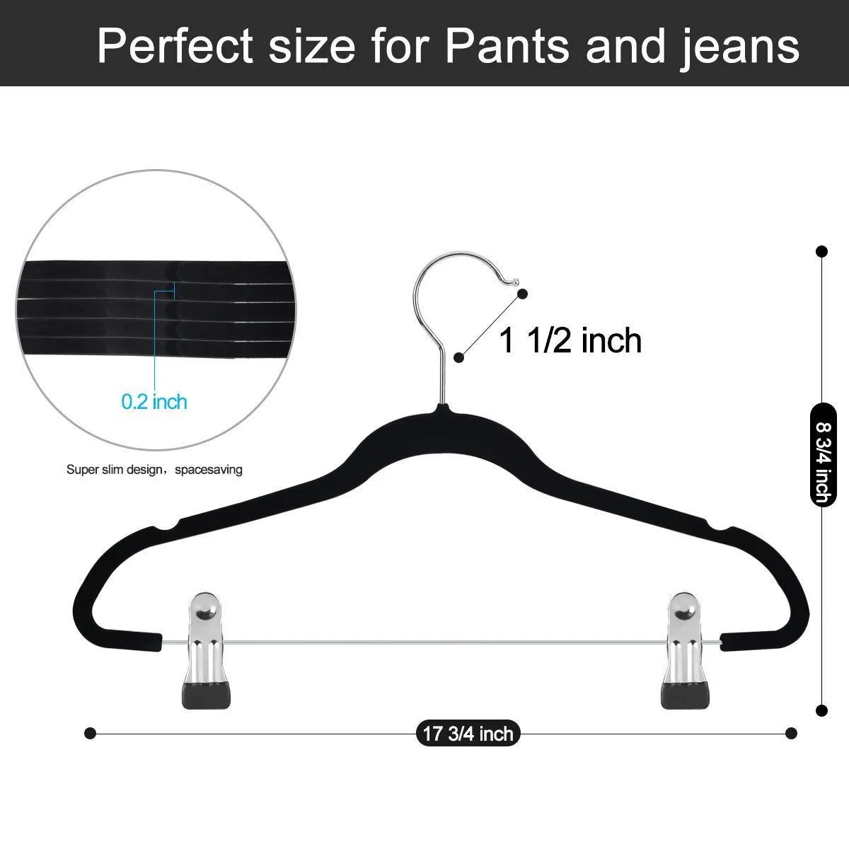 Qiangson Skirt Hangers Pants Hangers with clips 20 Pack Non-Slip Velvety Smooth Texture Clips Clothes Hangers Hook-17.7inch Outfit Hanger Black