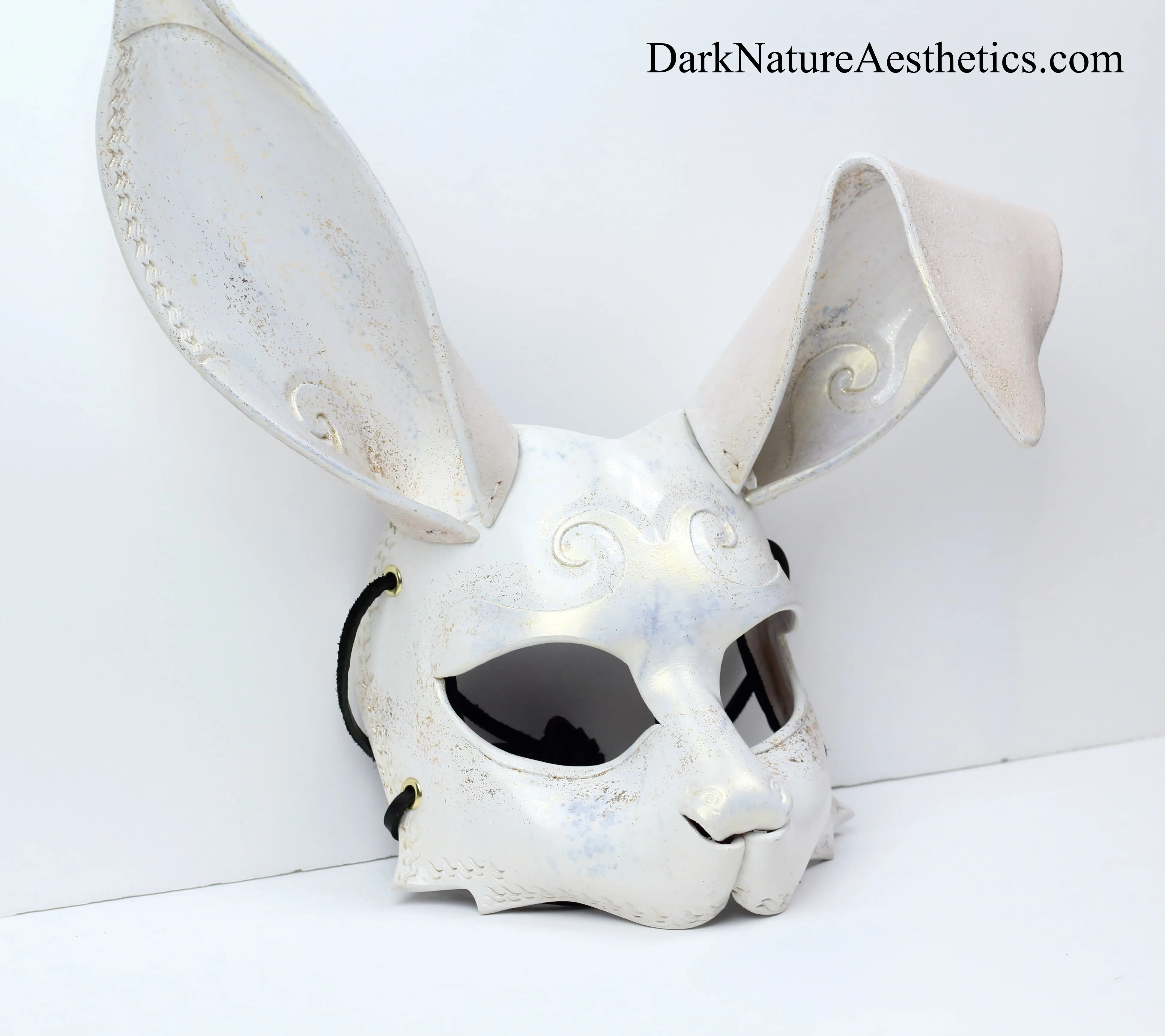 "Dahlia" White/Gold Shimmer Bunny Rabbit Leather Mask
