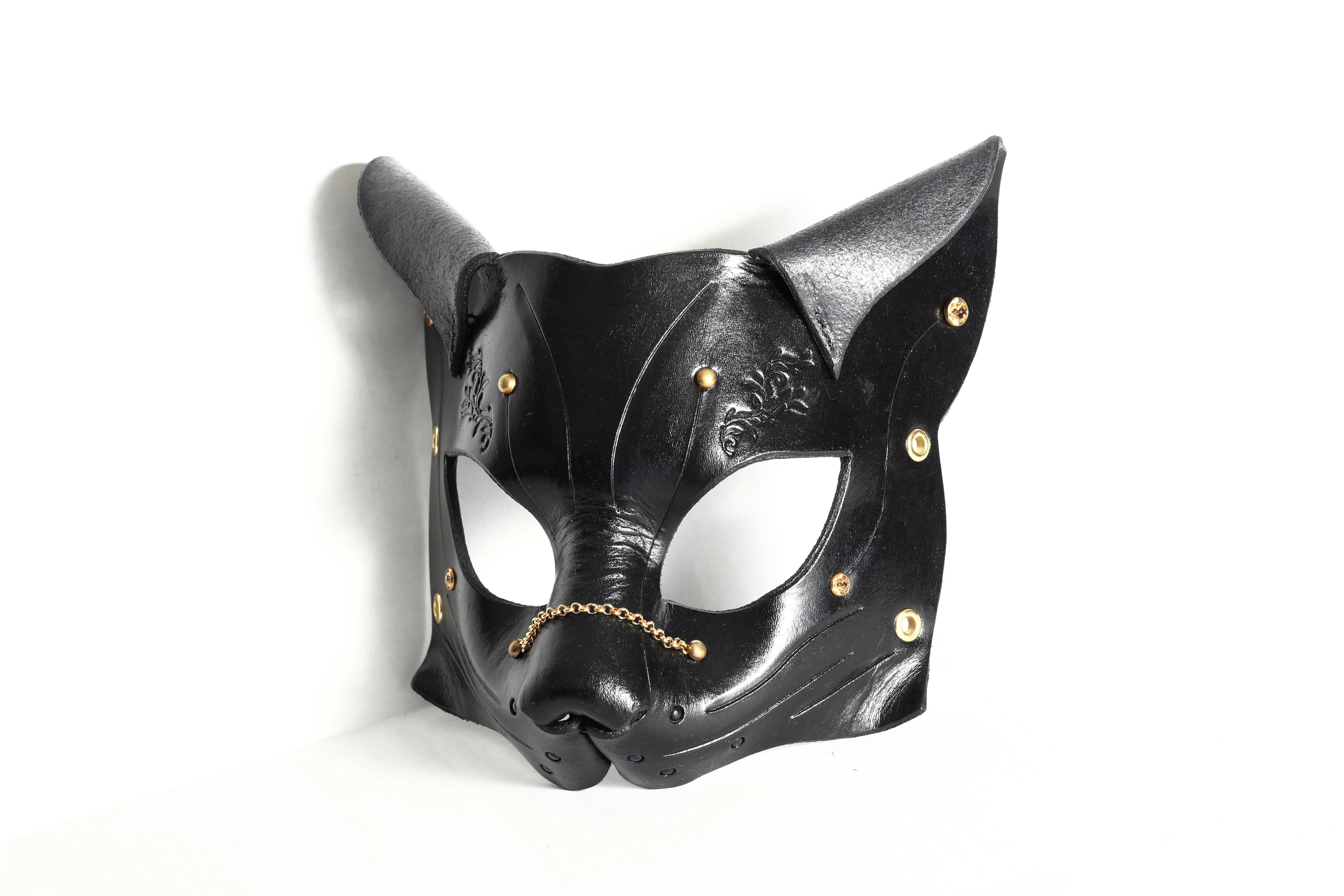 "Deep Abyss" Starr Kitty Cat Leather Mask with Gold/Brass Accents