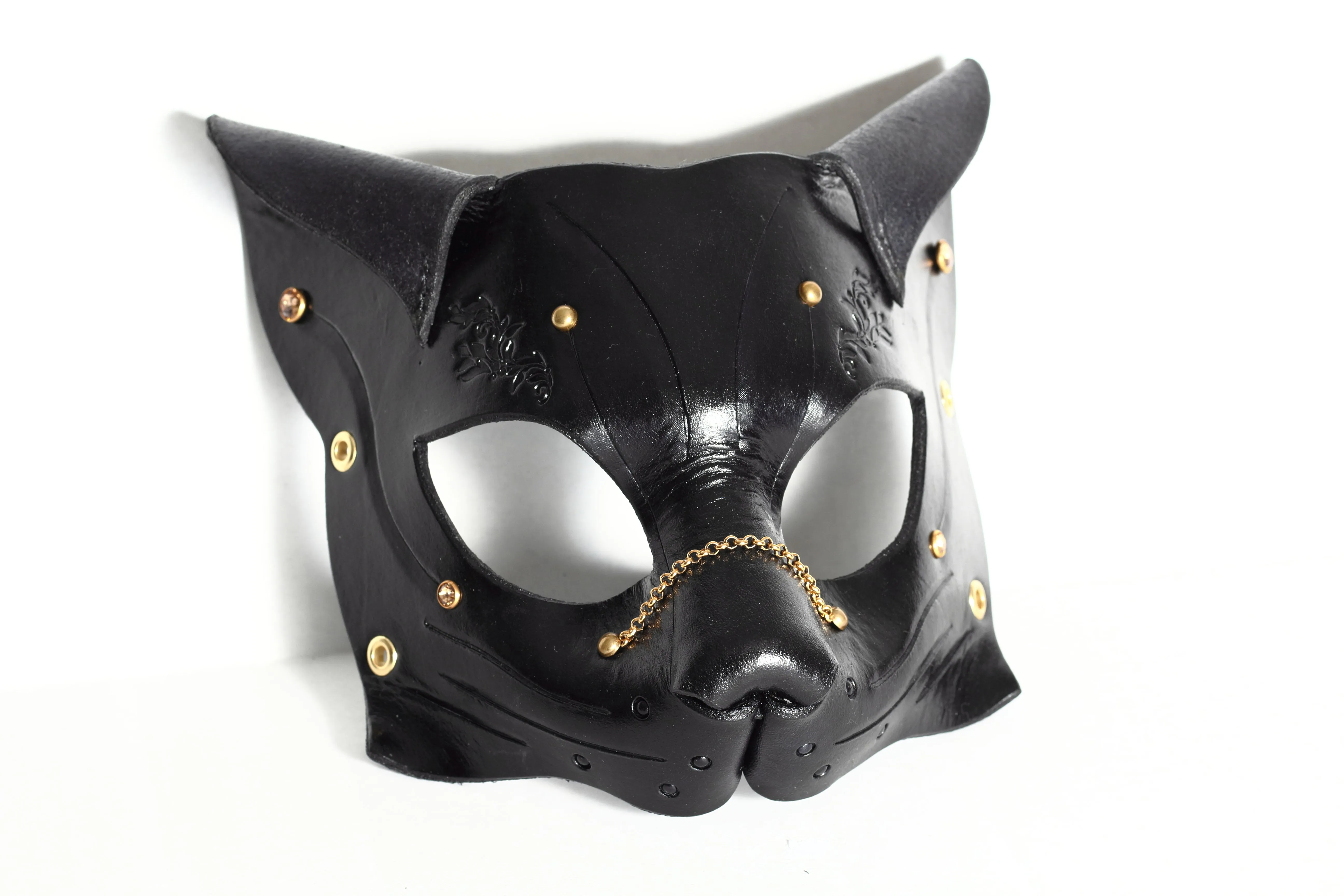 "Deep Abyss" Starr Kitty Cat Leather Mask with Gold/Brass Accents