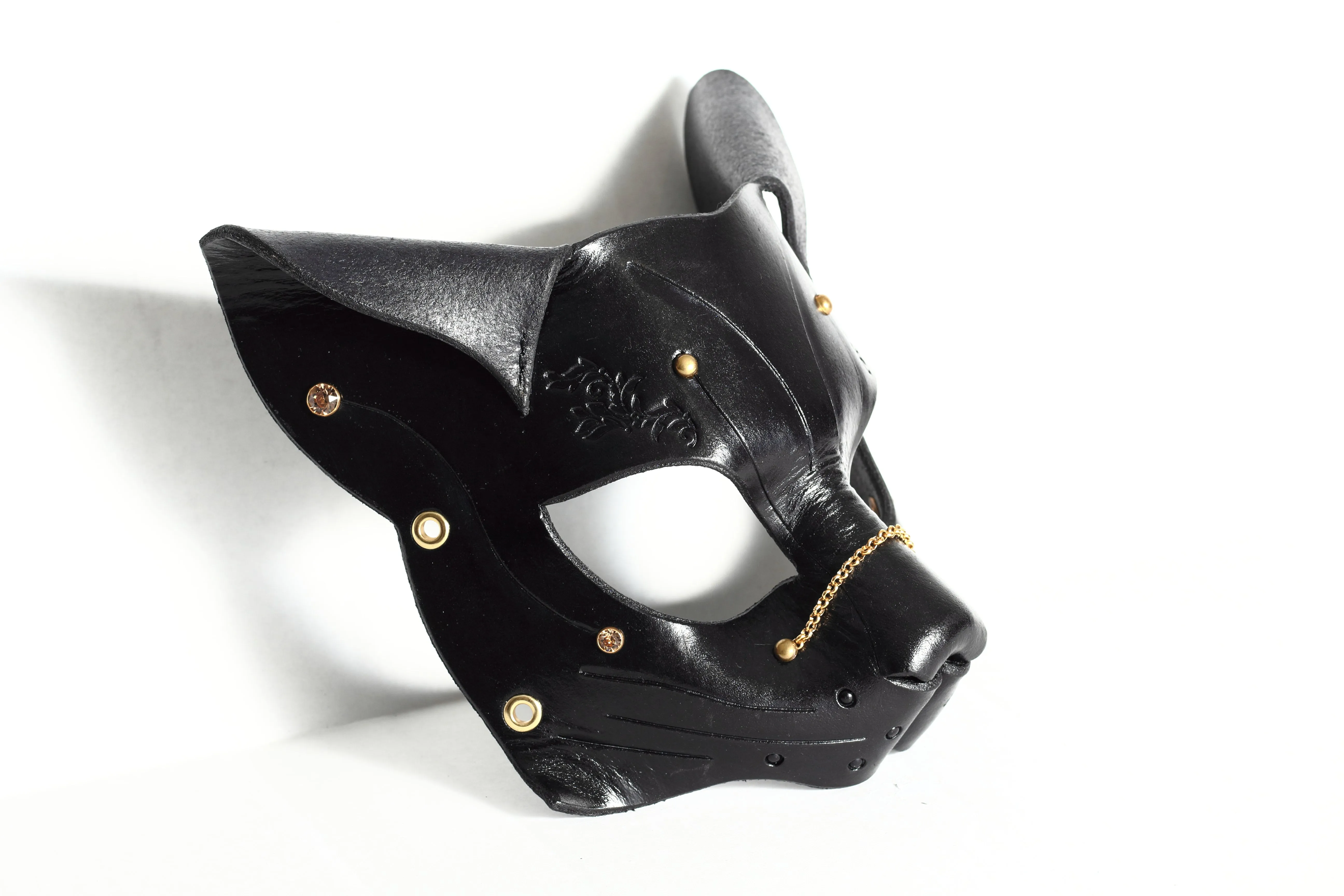 "Deep Abyss" Starr Kitty Cat Leather Mask with Gold/Brass Accents