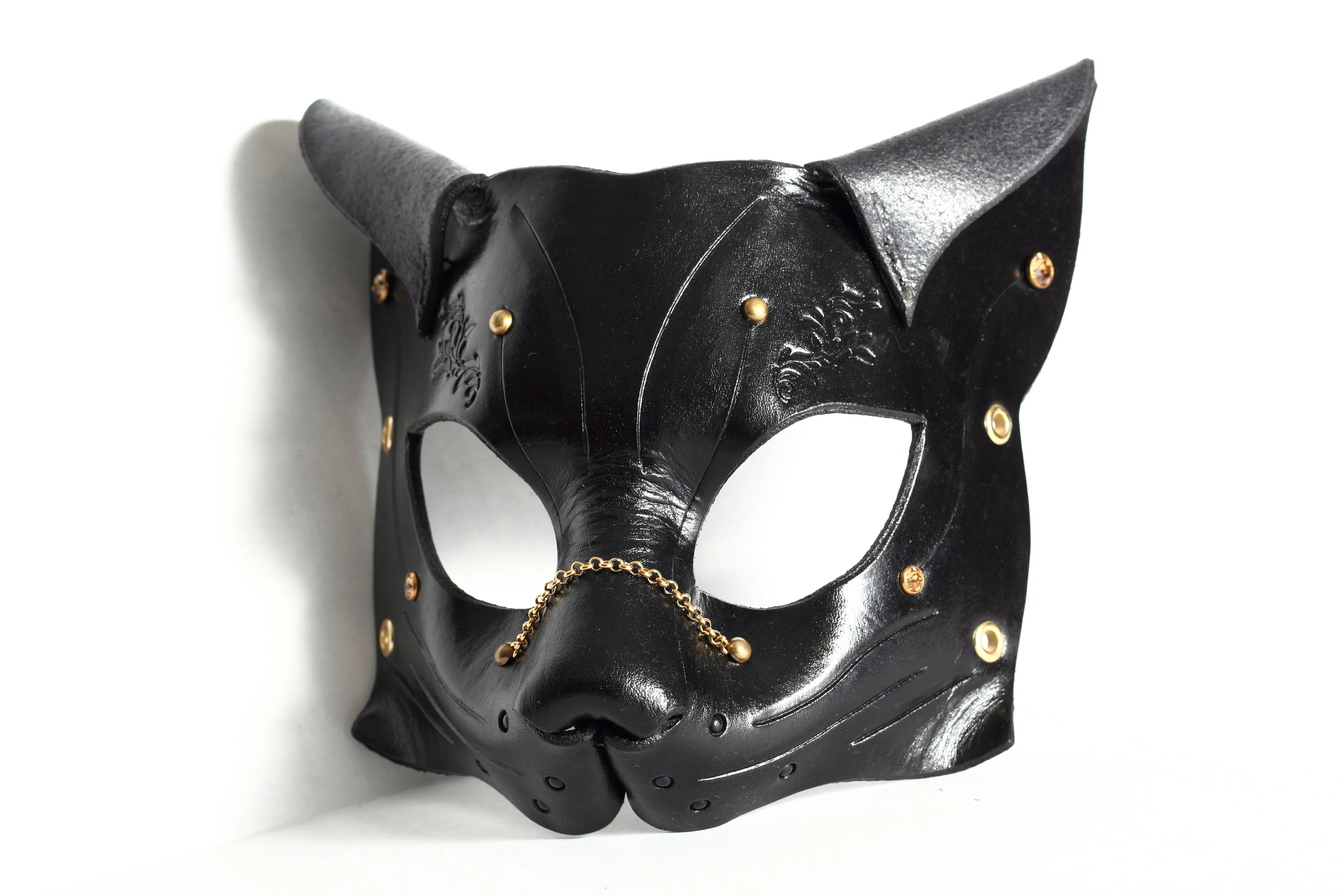 "Deep Abyss" Starr Kitty Cat Leather Mask with Gold/Brass Accents