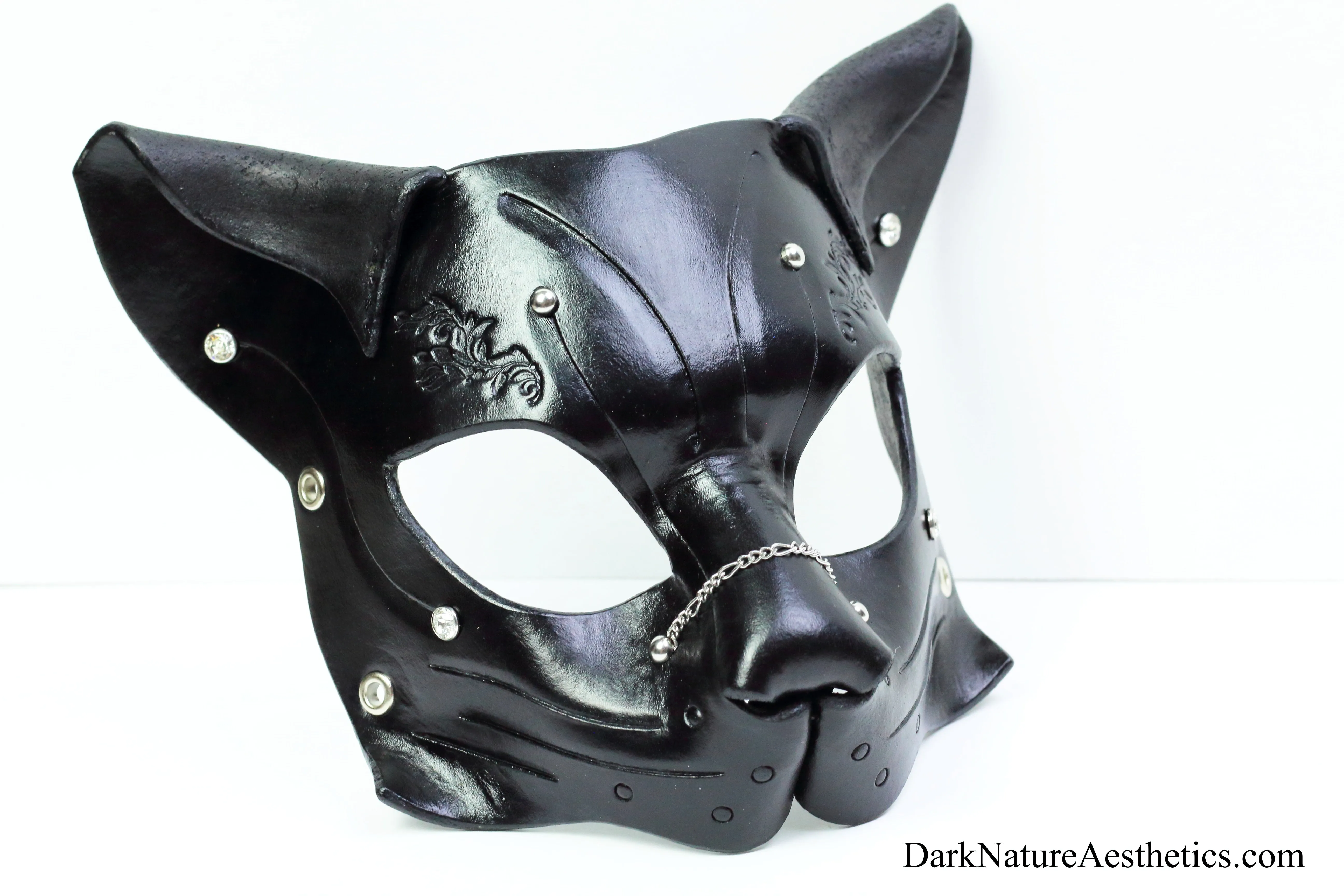 "Deep Abyss" Starr Kitty Cat Leather Mask with Silver Accents