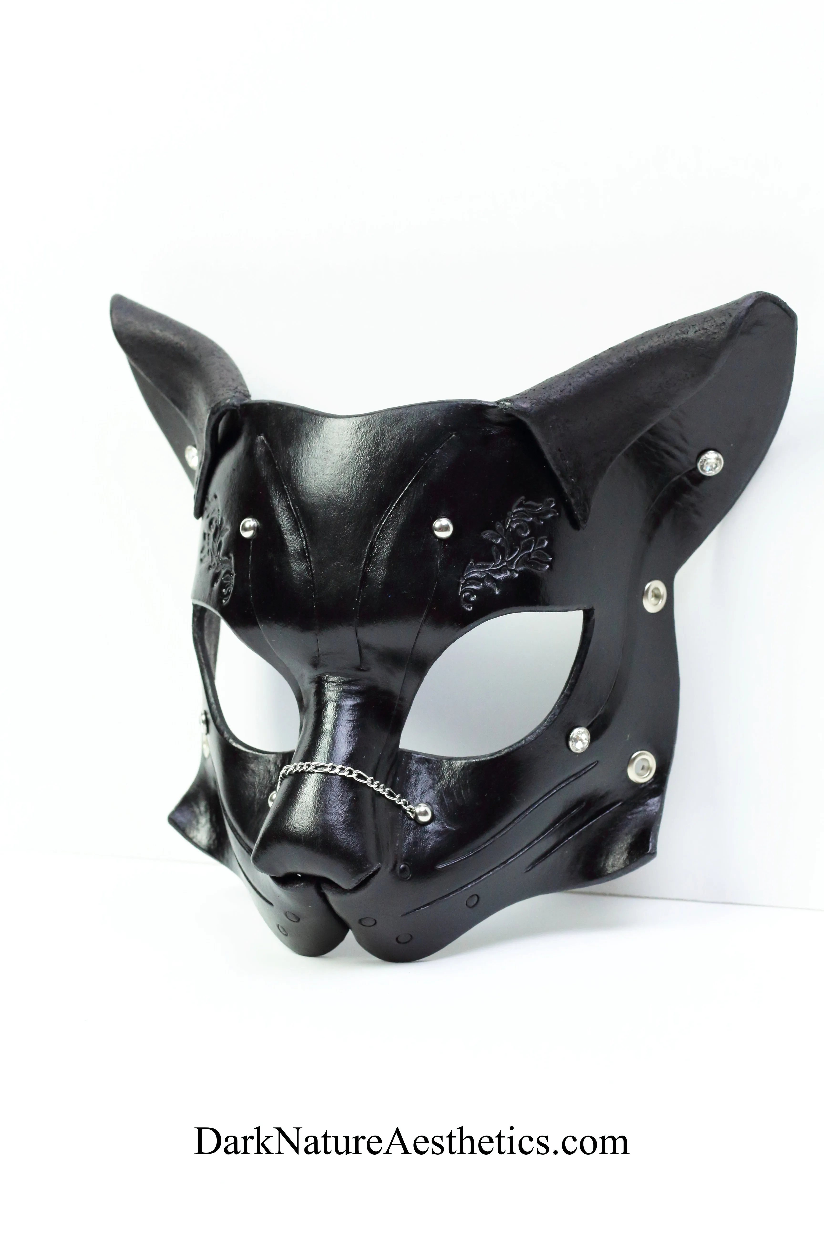 "Deep Abyss" Starr Kitty Cat Leather Mask with Silver Accents