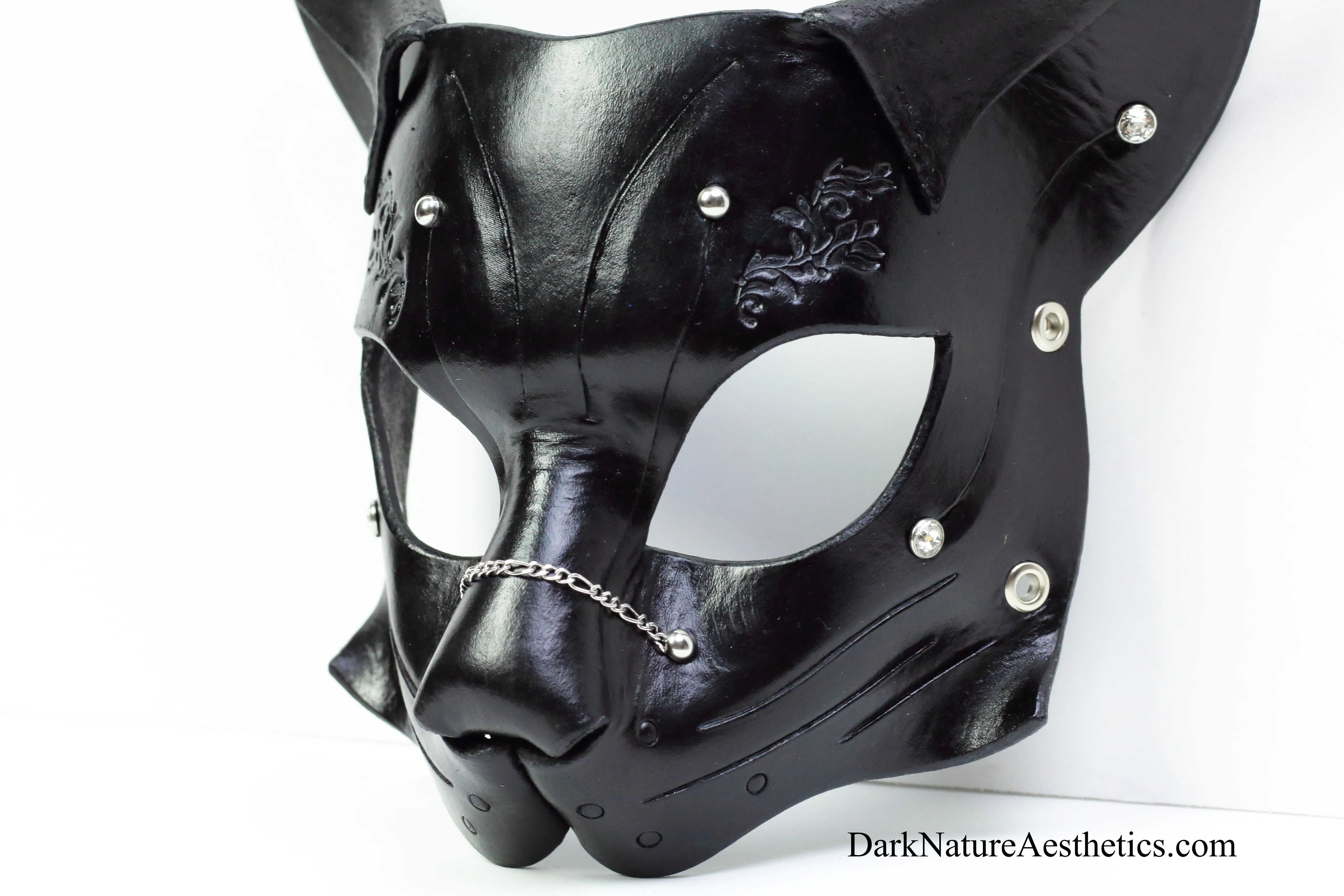 "Deep Abyss" Starr Kitty Cat Leather Mask with Silver Accents
