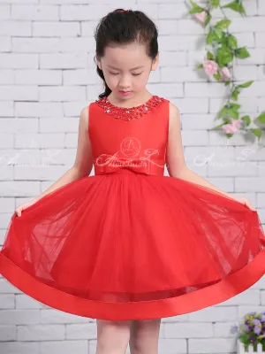 Red Satin Tulle Sparkly Neckline Cute Flower Girl Dresses, FGS135