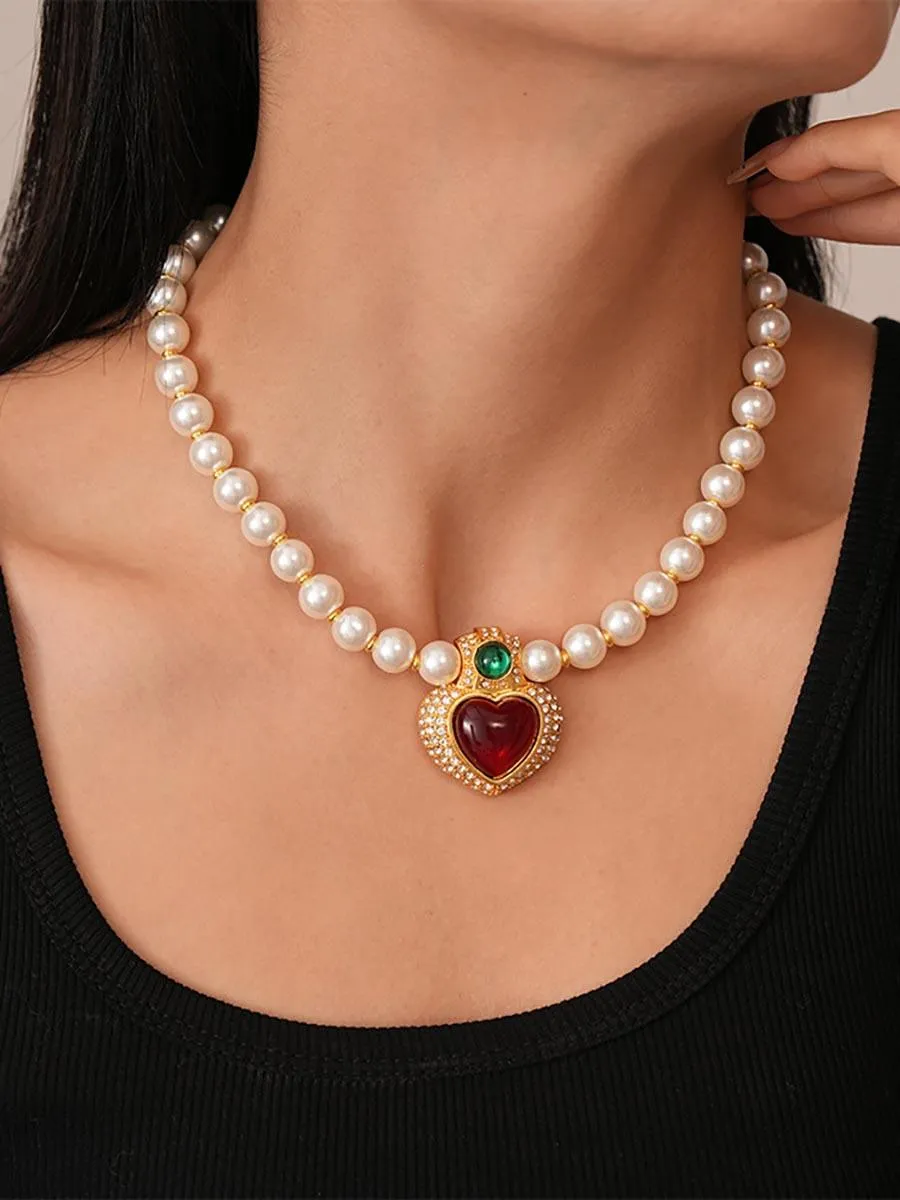 Retro Luxury Heart Rhinestone Beaded Necklace MSN12042