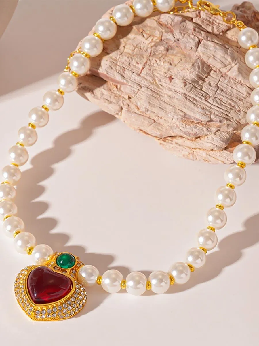 Retro Luxury Heart Rhinestone Beaded Necklace MSN12042