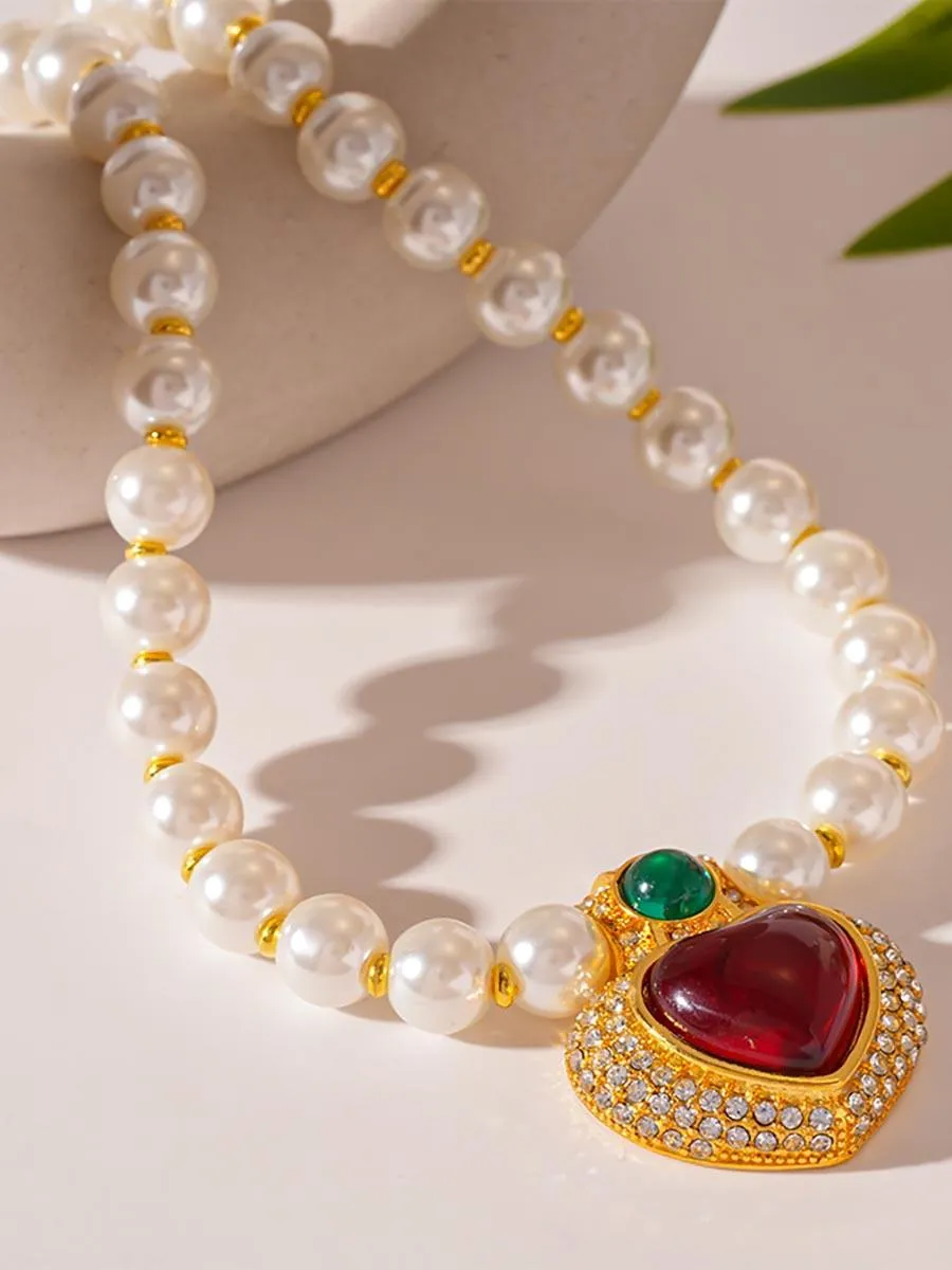 Retro Luxury Heart Rhinestone Beaded Necklace MSN12042