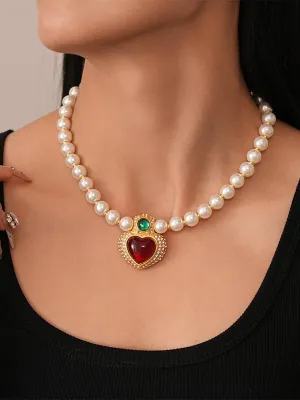 Retro Luxury Heart Rhinestone Beaded Necklace MSN12042