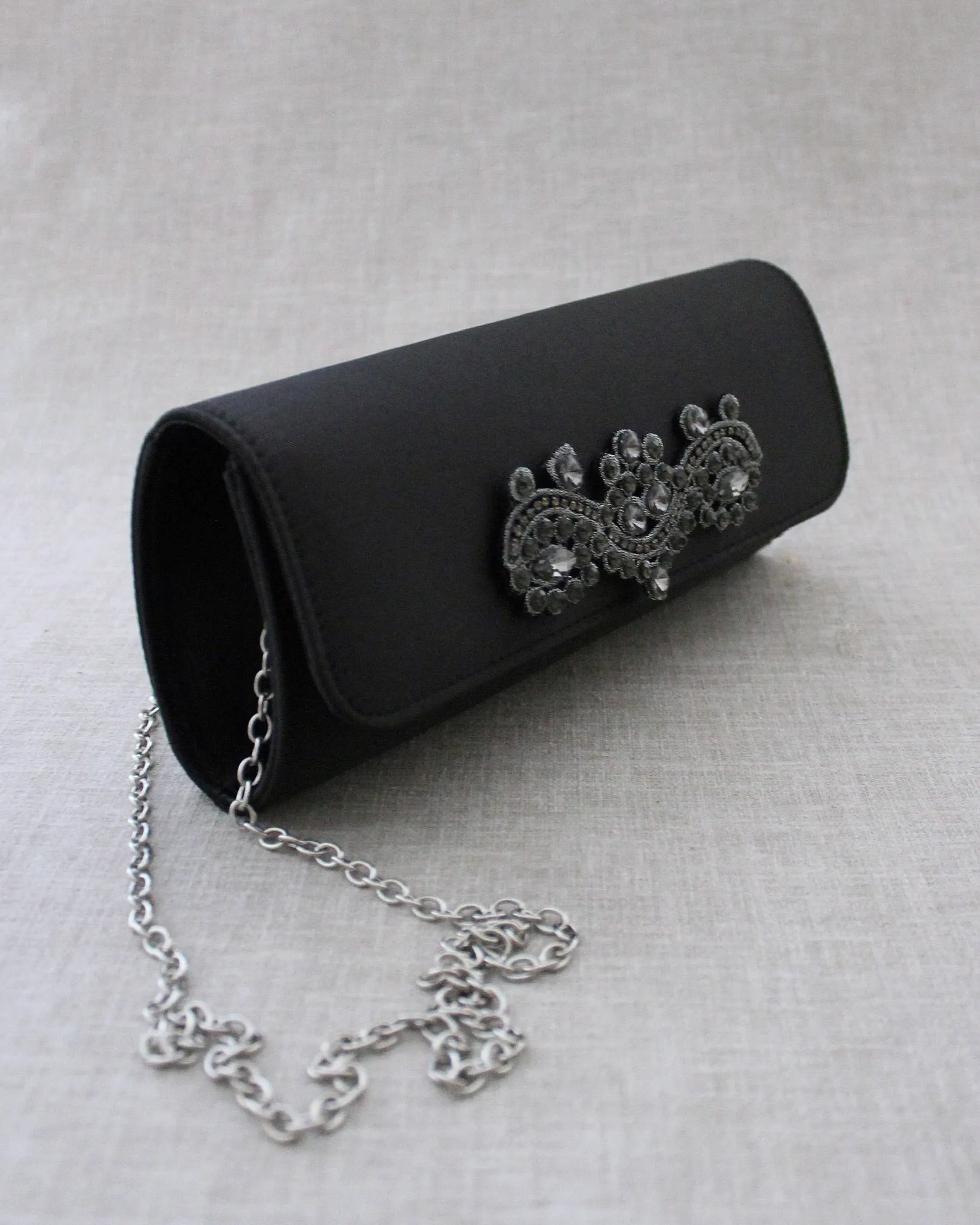Satin Evening Clutch with Rhinestones Applique