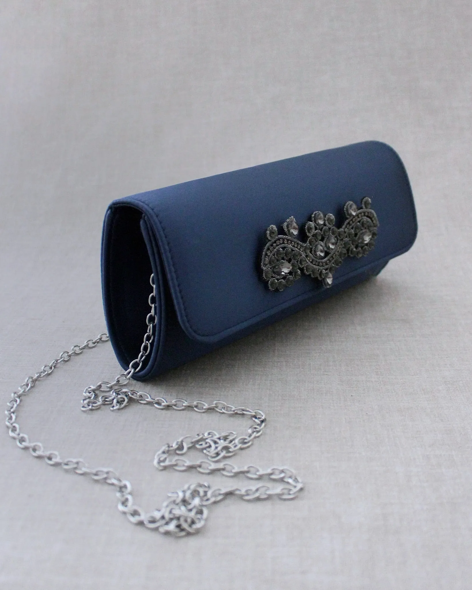 Satin Evening Clutch with Rhinestones Applique