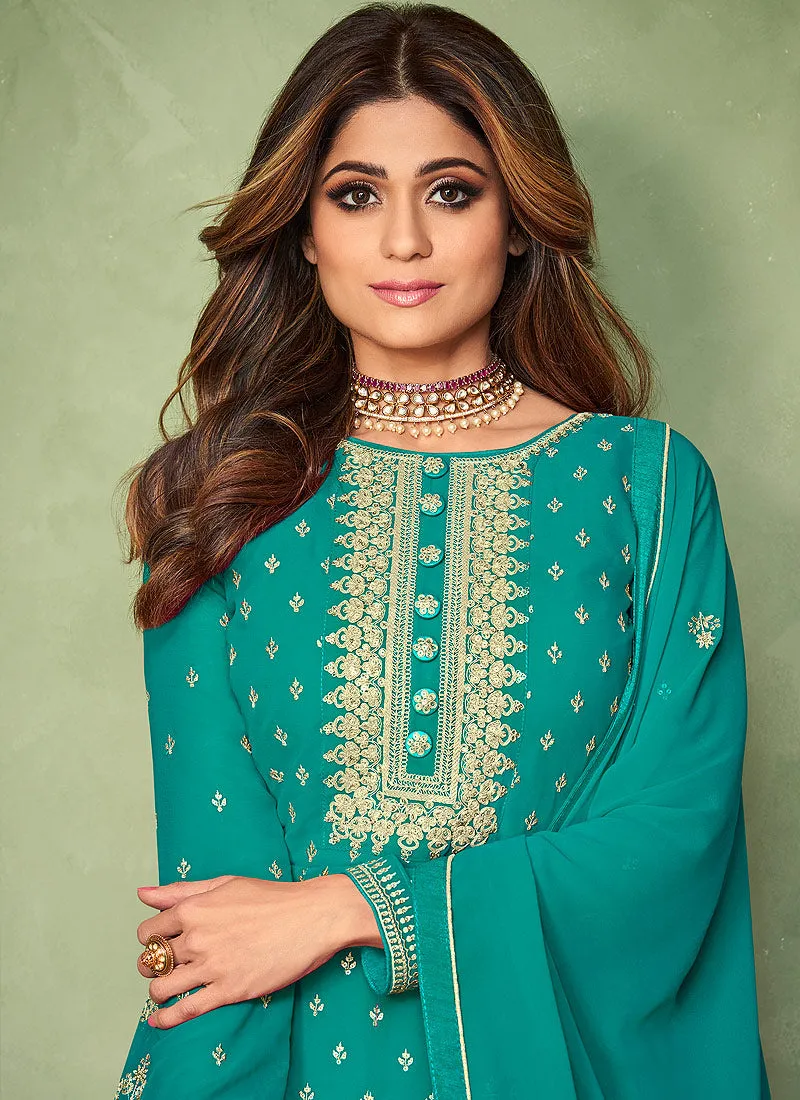Sea Green Embroidered Festive Anarkali Suit