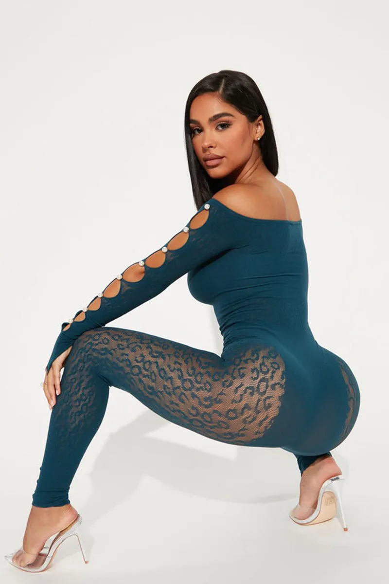 Sheer Leopard Print Pearl Off Shoulder Hollow Jumpsuit