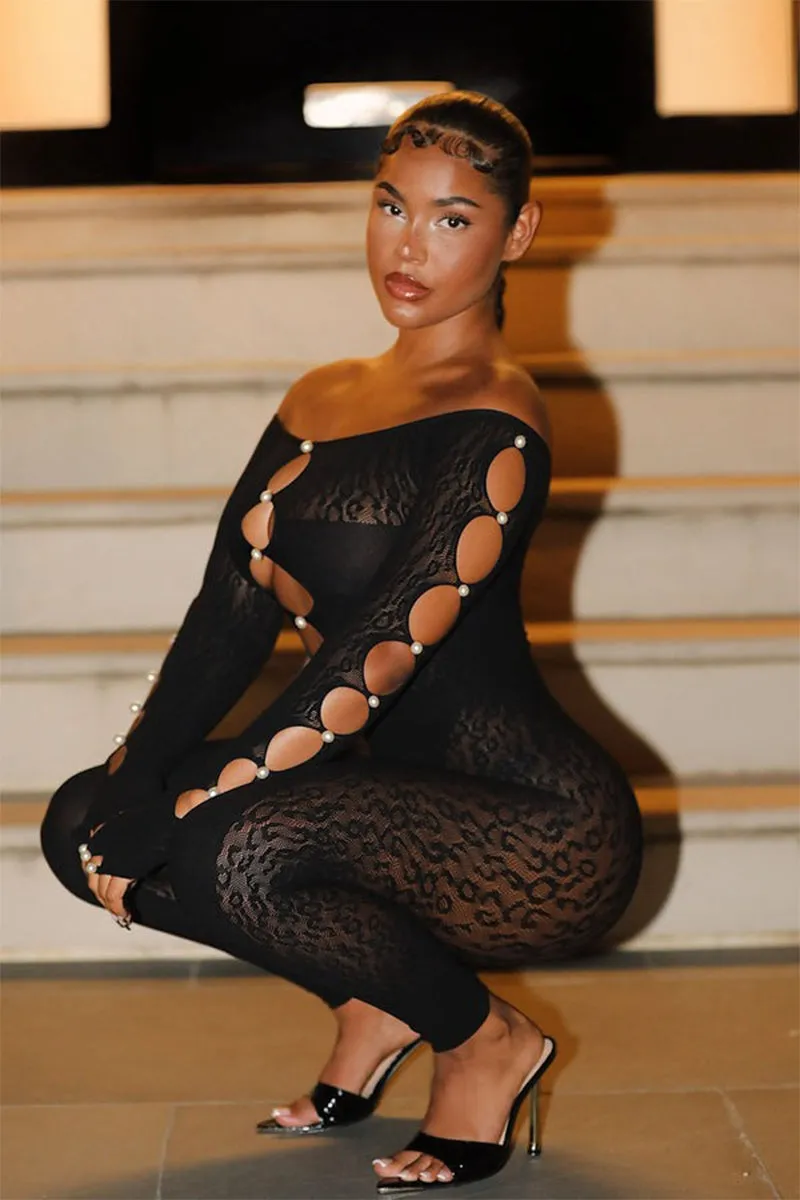 Sheer Leopard Print Pearl Off Shoulder Hollow Jumpsuit
