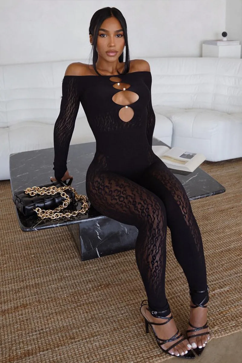 Sheer Leopard Print Pearl Off Shoulder Hollow Jumpsuit
