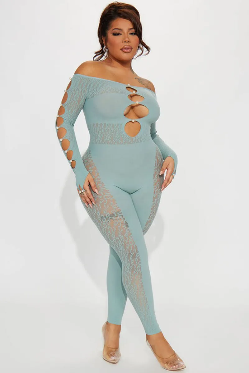 Sheer Leopard Print Pearl Off Shoulder Hollow Jumpsuit
