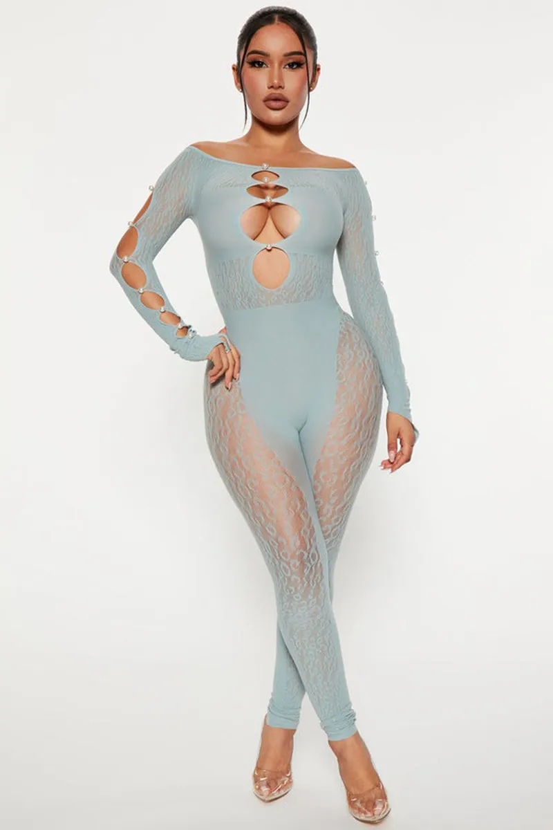 Sheer Leopard Print Pearl Off Shoulder Hollow Jumpsuit