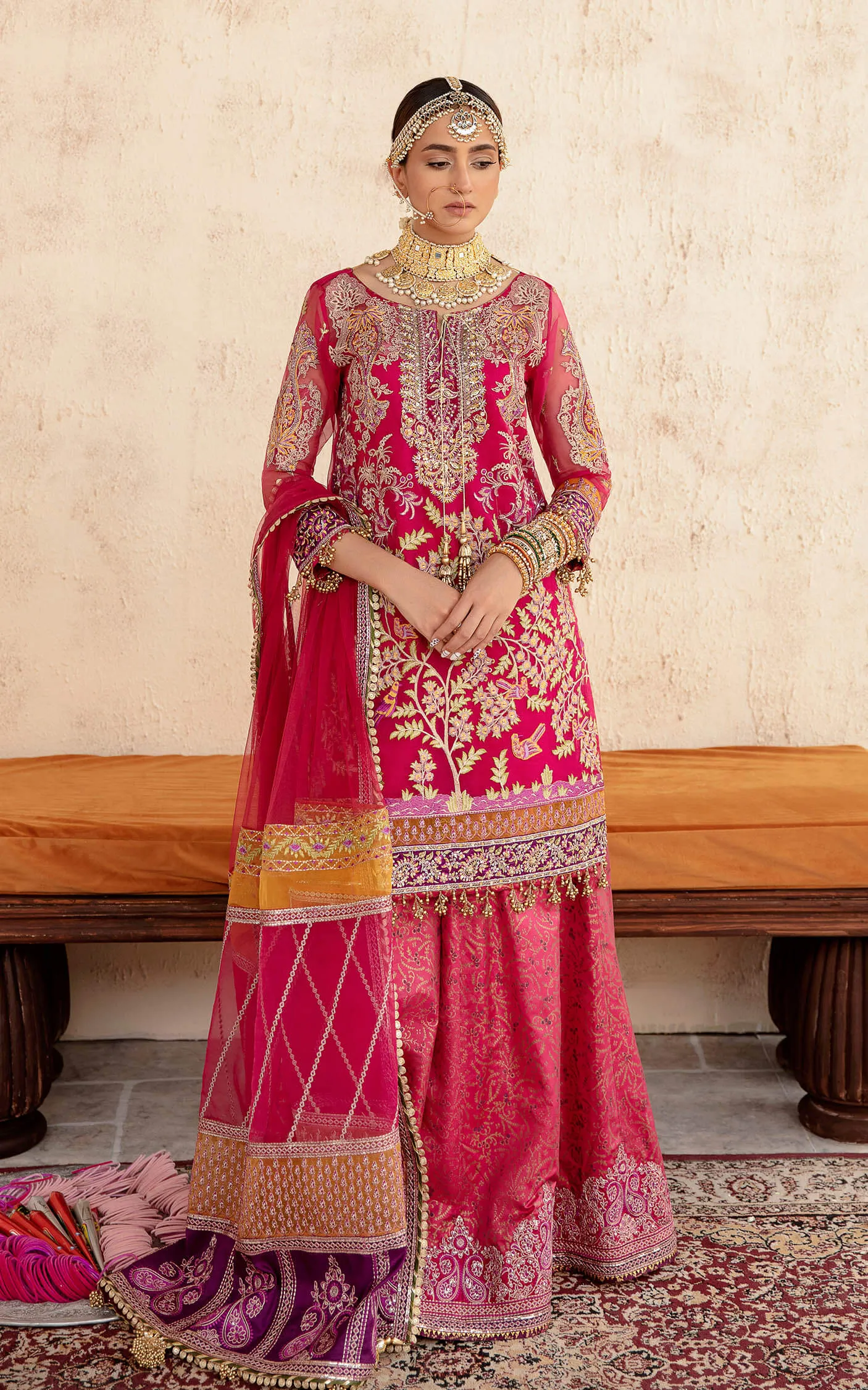 Shocking Pink Hand Embellished Pakistani Party Dress Kameez Gharara